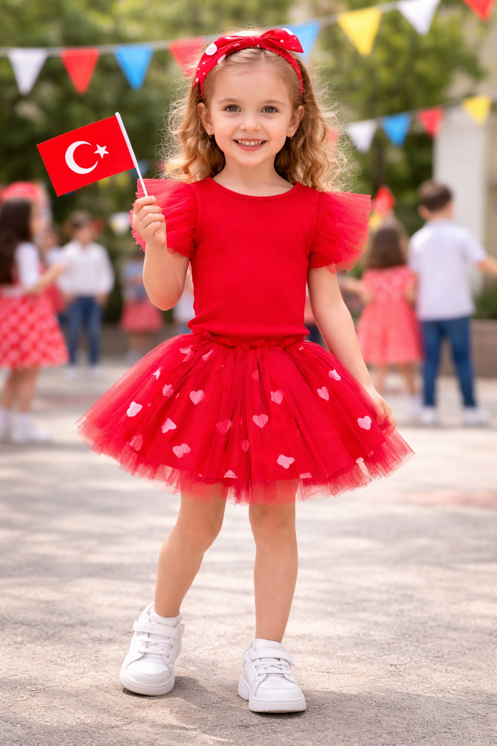 Kız Çocuk Kırmızı Tütü Etekli 23 Nisan Özel Kombin Alt Üst Takım