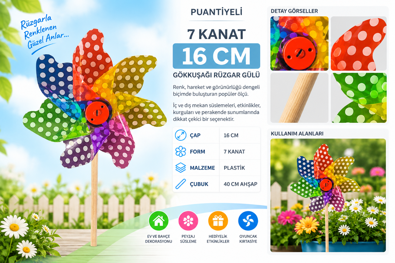 16 Cm 7 Kanat Puantiyeli Ruzgar Gulu