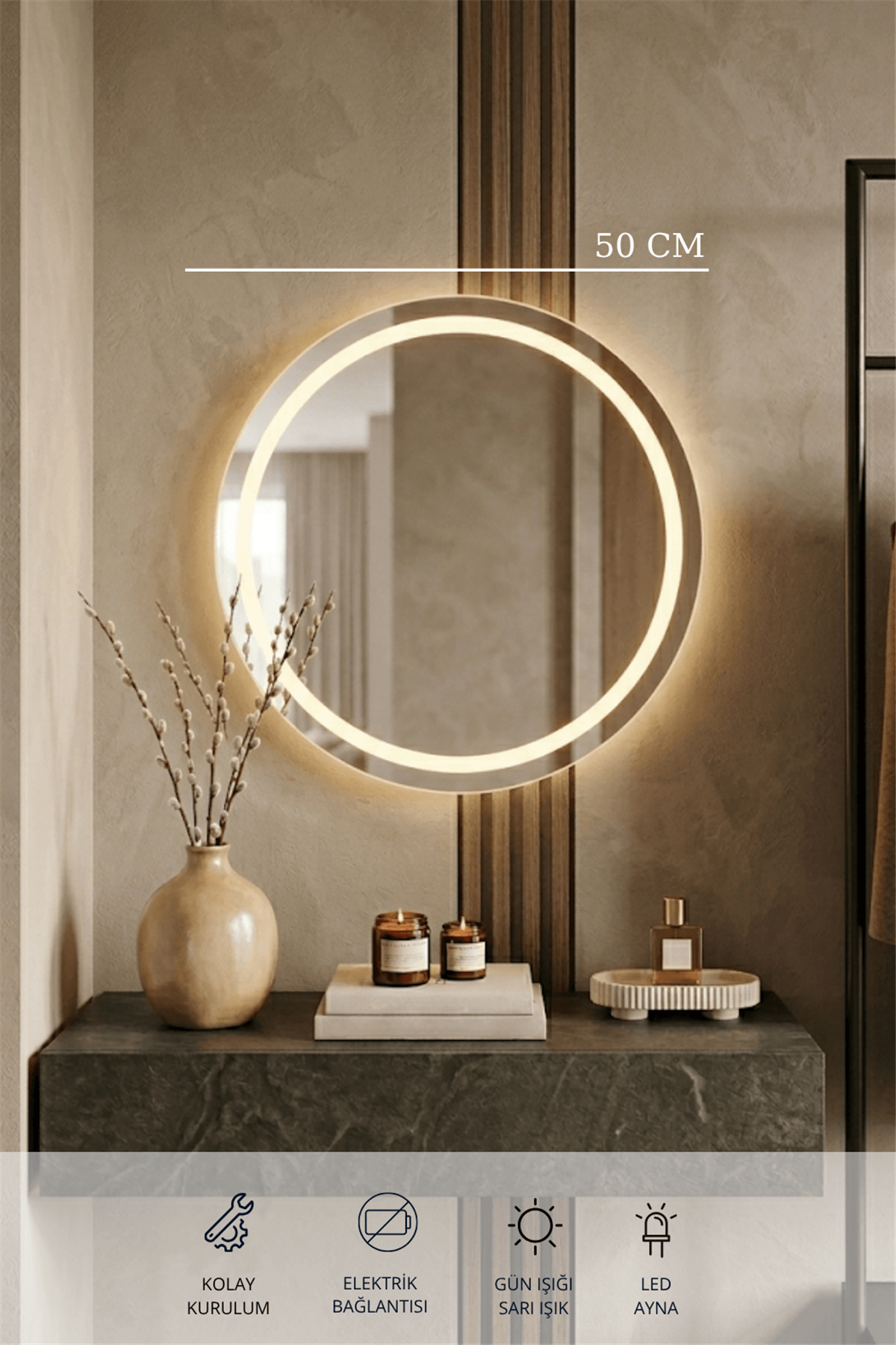 50 Cm Kumlamalı Led Ayna, Banyo, Antre, Salon, Dekoratif Gün ışığı Duvar Aynası