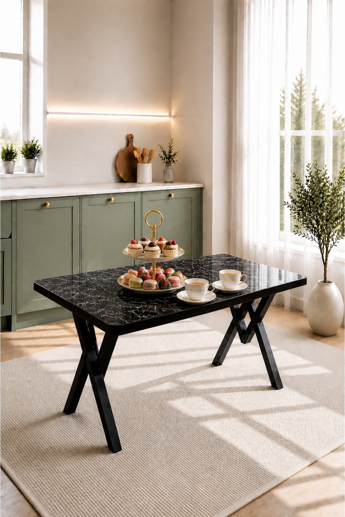 Alara Mutfak Masası 80x120 Yemek Masası Balkon Masası Cafe Masası Siyah Mermer