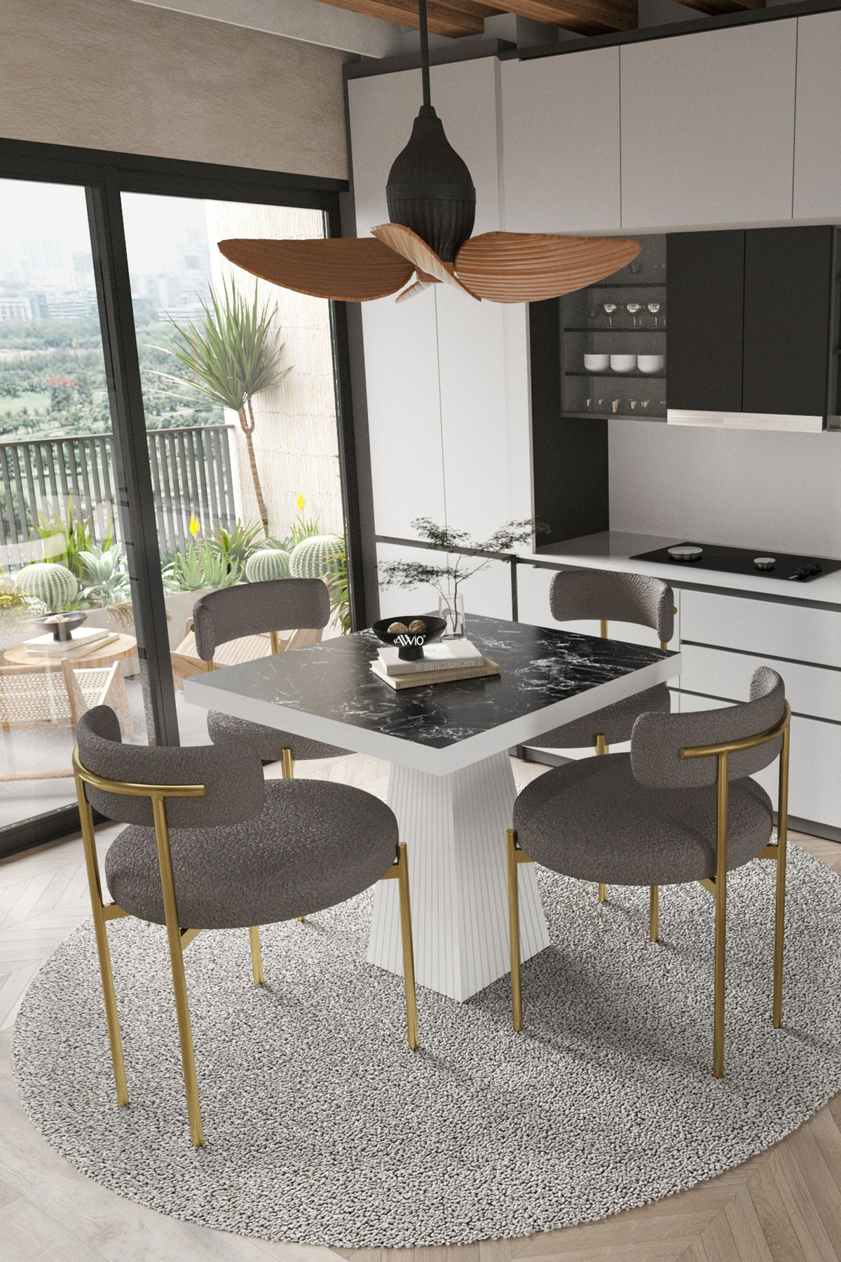 Arona Beyaz Lake MDF Ayak 90x90 Yemek Masası Mutfak Masası 4 Kişilik Masa Takımı Teddy Sandalye Siyah Mermer