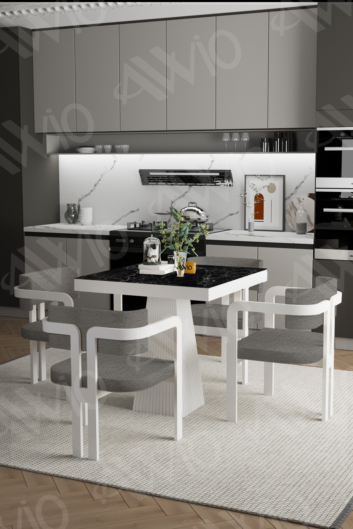 Bianco Lake MDF Ayak Tokyo Demonte Sandalye 80x80 Yemek Masası Mutfak Masası 4 Kişilik Siyah Mermer