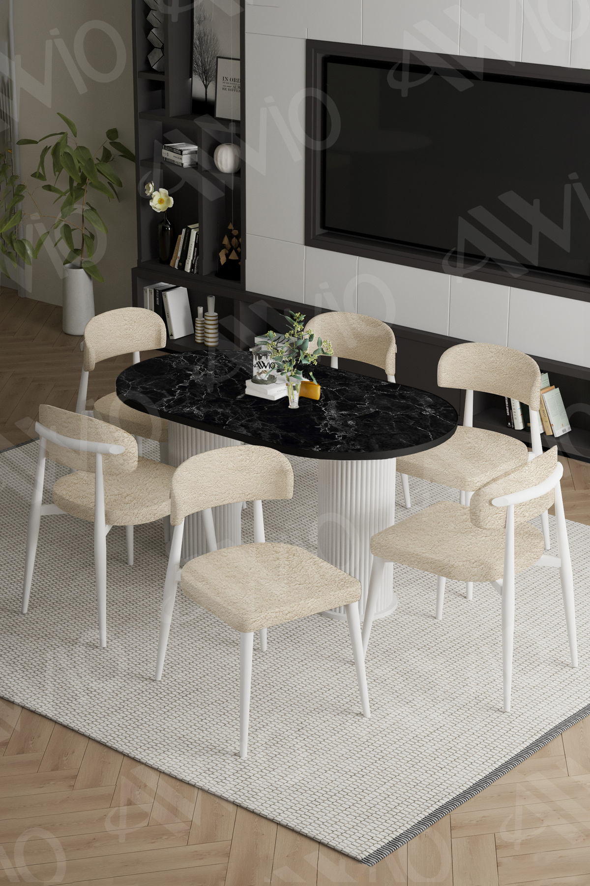 Bohem Ayak Beyaz Polo Sandalye 80x160 Mutfak Masa Sandalye Takımı Siyah Mermer