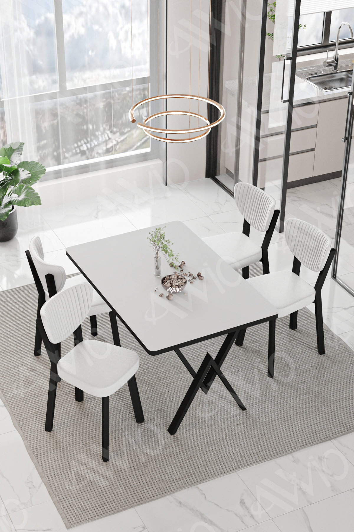 Carla Elma Sandalye 80x120 Yemek Masası Mutfak Masası 4 Kişilik Masa Sandalye Takım Düz Beyaz