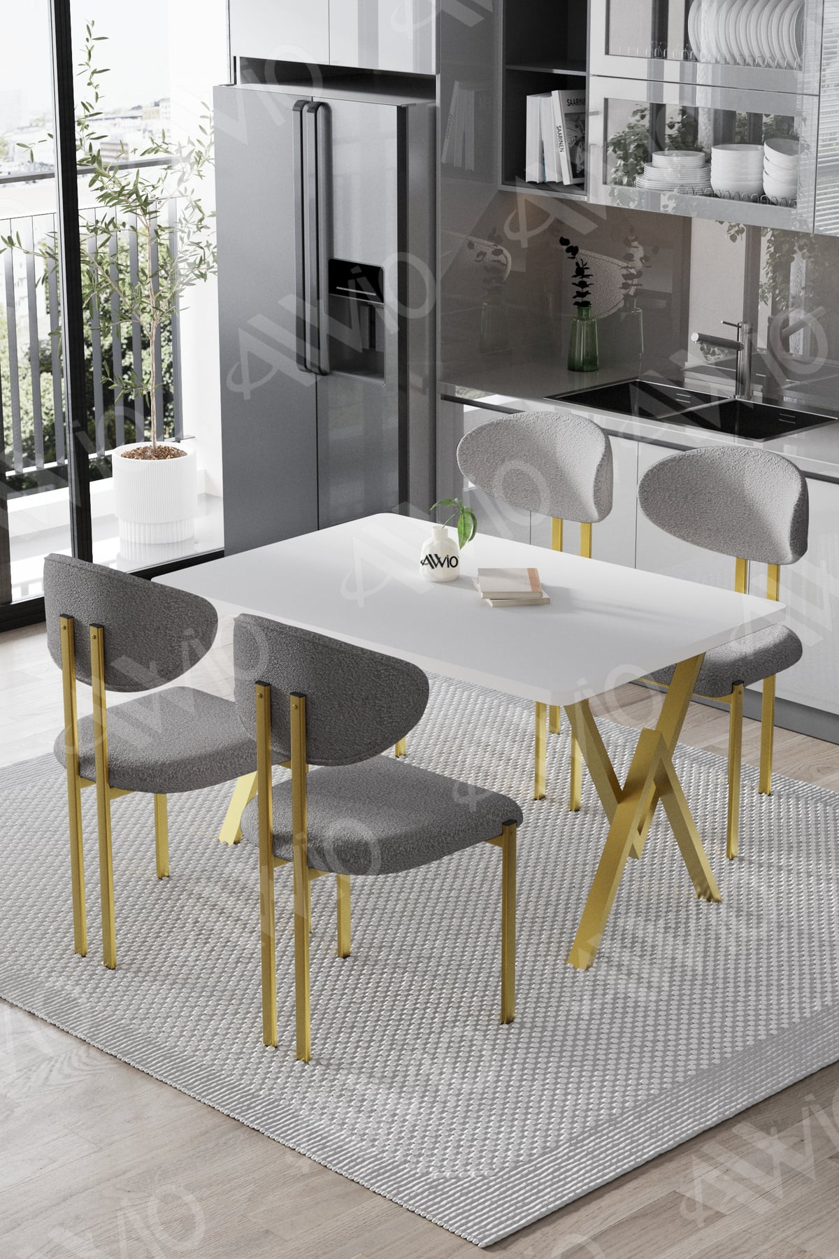 Dante Mat Gold Lotus Sandalye 80x120 Yemek Masası Mutfak Masası 4 Kişilik Masa Sandalye Takımı Beyaz Masa Sandalye Mat Gold Gri
