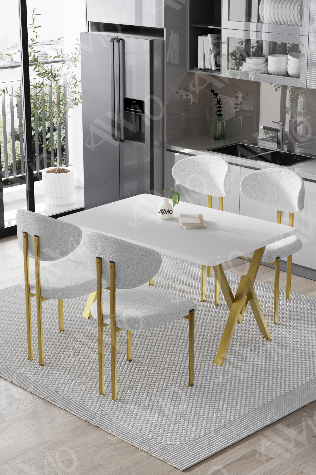 Dante Mat Gold Lotus Sandalye 80x120 Yemek Masası Mutfak Masası 4 Kişilik Masa Sandalye Takımı Beyaz Masa Sandalye Mat Gold Beyaz