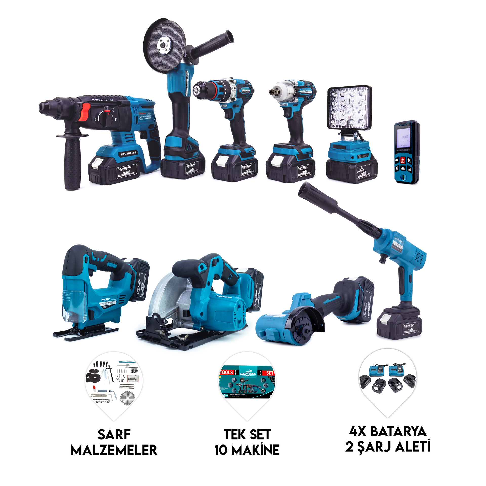 Dawreek ONLU SET (Led Işık + Kırıcı Delici Matkap+avuç taşlama+Somun Sıkma+Vidalama+Sunta Kesme+Dekupaj+Lazer Metre+Oto Yıkama+Çok Fonksiyonlu Avuç Taşlama) (BT0149)