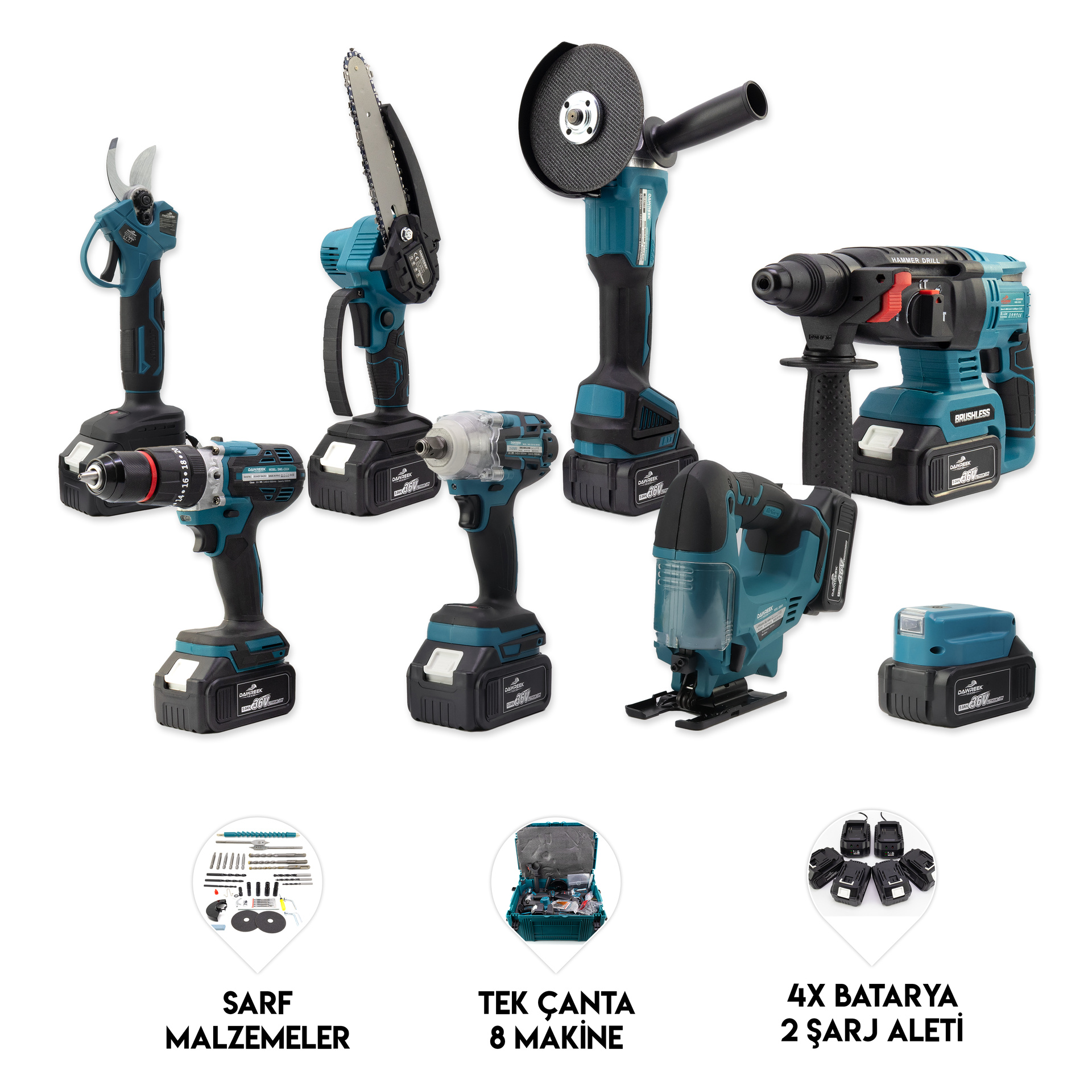 Dawreek Sekizli Set DBML (LED Aydınlatma+ Ş.Hilti+Ş.spral+S.Sıkma+13mm Ç.Mandren+Ş.Dekupaj+Budama Testeresi+Bağ Makas) (BT0137)