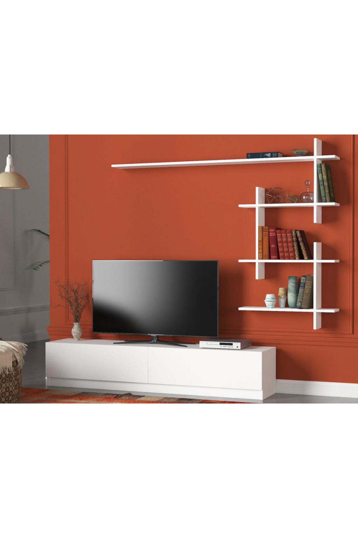 Dekorister Ahenk Duvar Raflı Tv Ünitesi Beyaz
