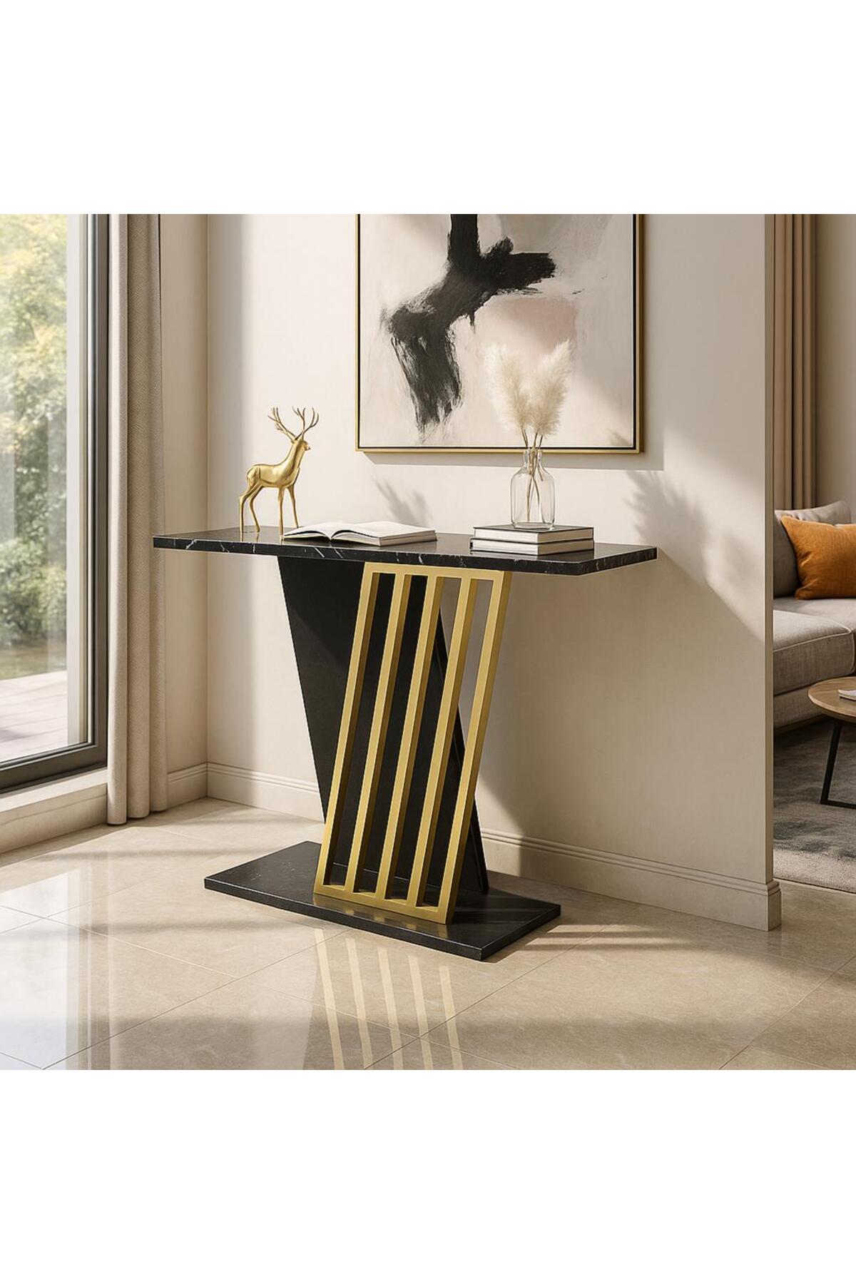 Dekorister Gravity Siyah Mermer Desenli Gold Metal Dresuar - Modern Antre/Hol Konsolu