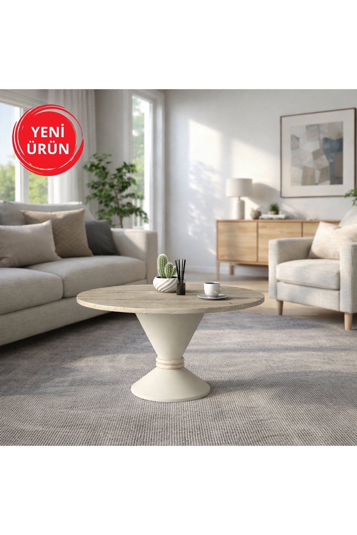 Dekorister Lepper Konik Ayaklı Orta Sehpa, Ayaklı Yuvarlak Orta Sehpa, Salon & Oturma Odası Mobilyası Traverten