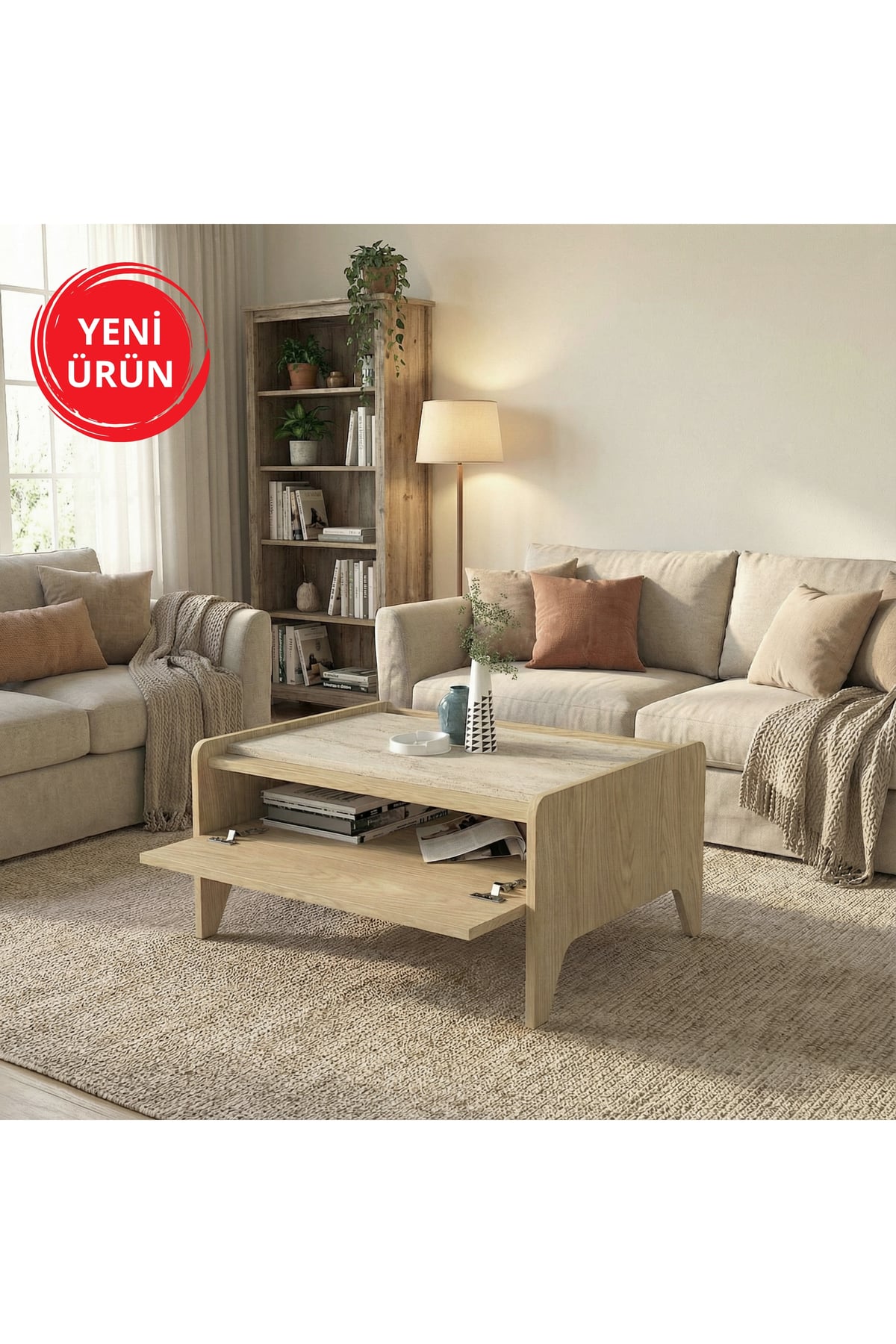 Dekorister Norvic Bölmeli Düşer Kapaklı Modern Orta Sehpa, Salon & Oturma Odası Mobilyası Rota-Traverten