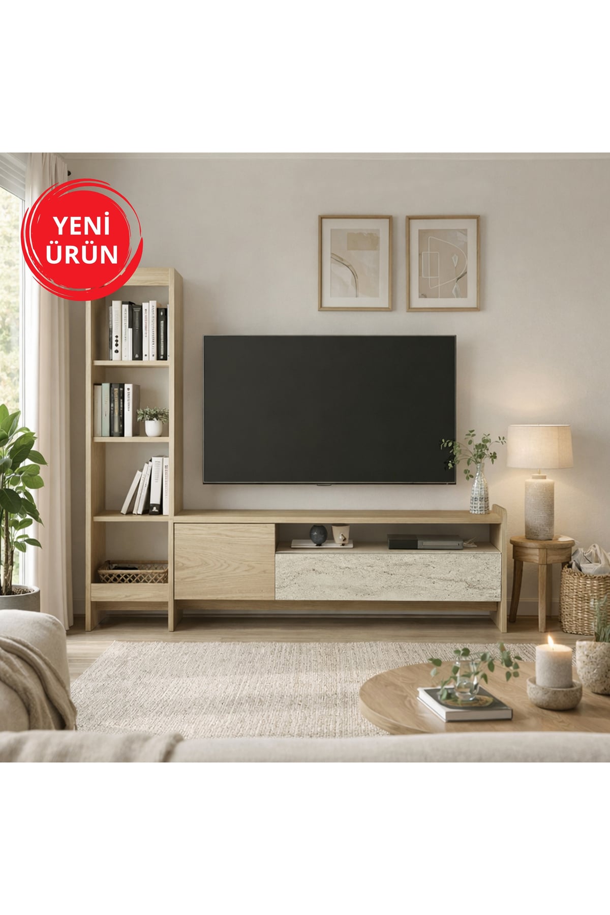 Dekorister Norvic Kitaplıklı Tv Ünitesi, Raflı Ve Kapaklı Modern Tv Ünitesi, Salon & Oturma Odası Mobilyası