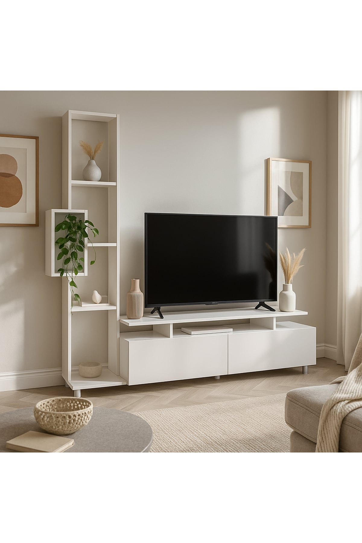 Dekorister Tulip Beyaz Kitaplıklı TV Ünitesi / Modern Raflı ve Kapaklı Salon Ünitesi