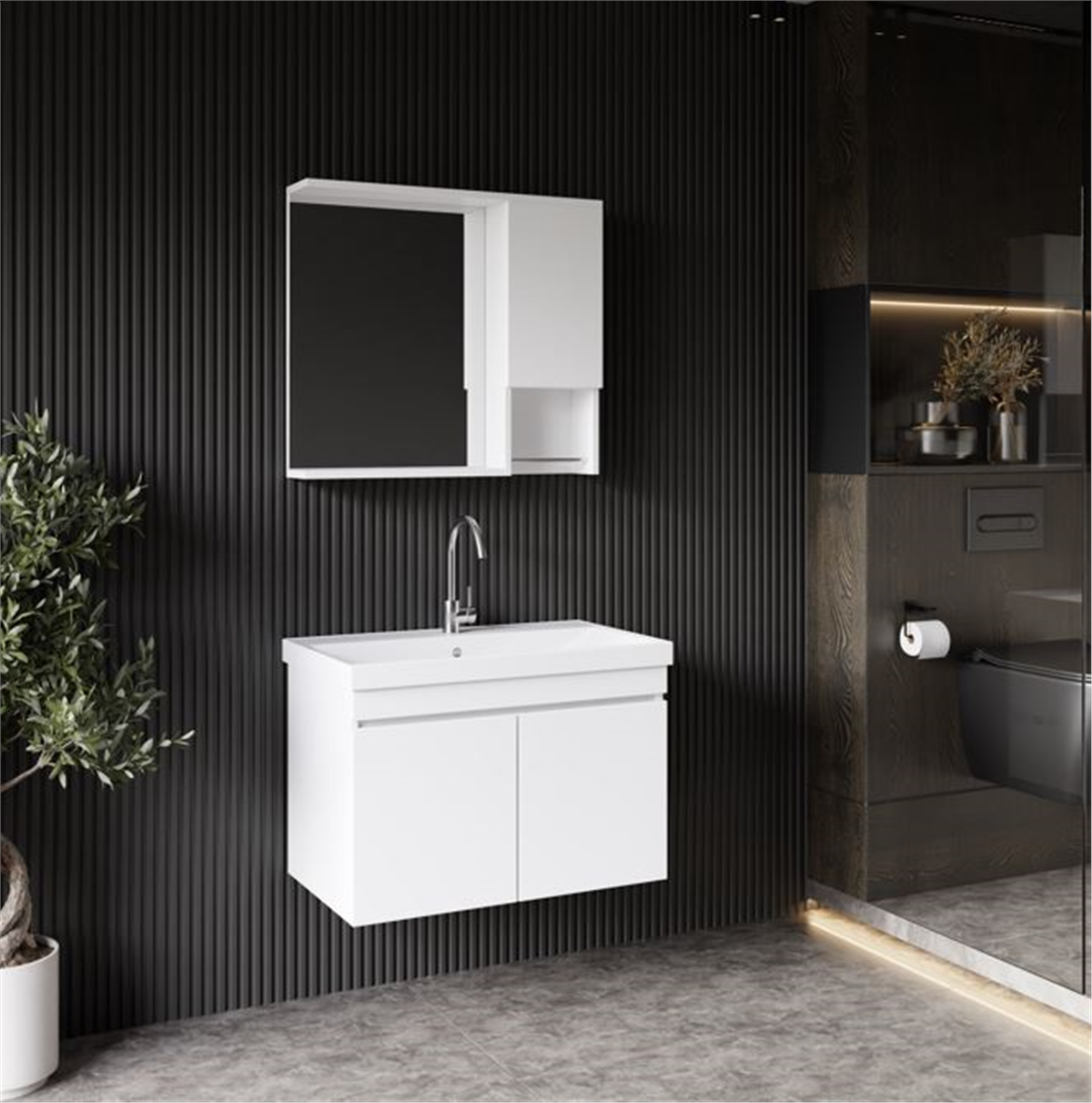 Deniz Banyo Dolabı Seti, 80 Cm Beyaz, Lavabo Dahil, Lavabolu