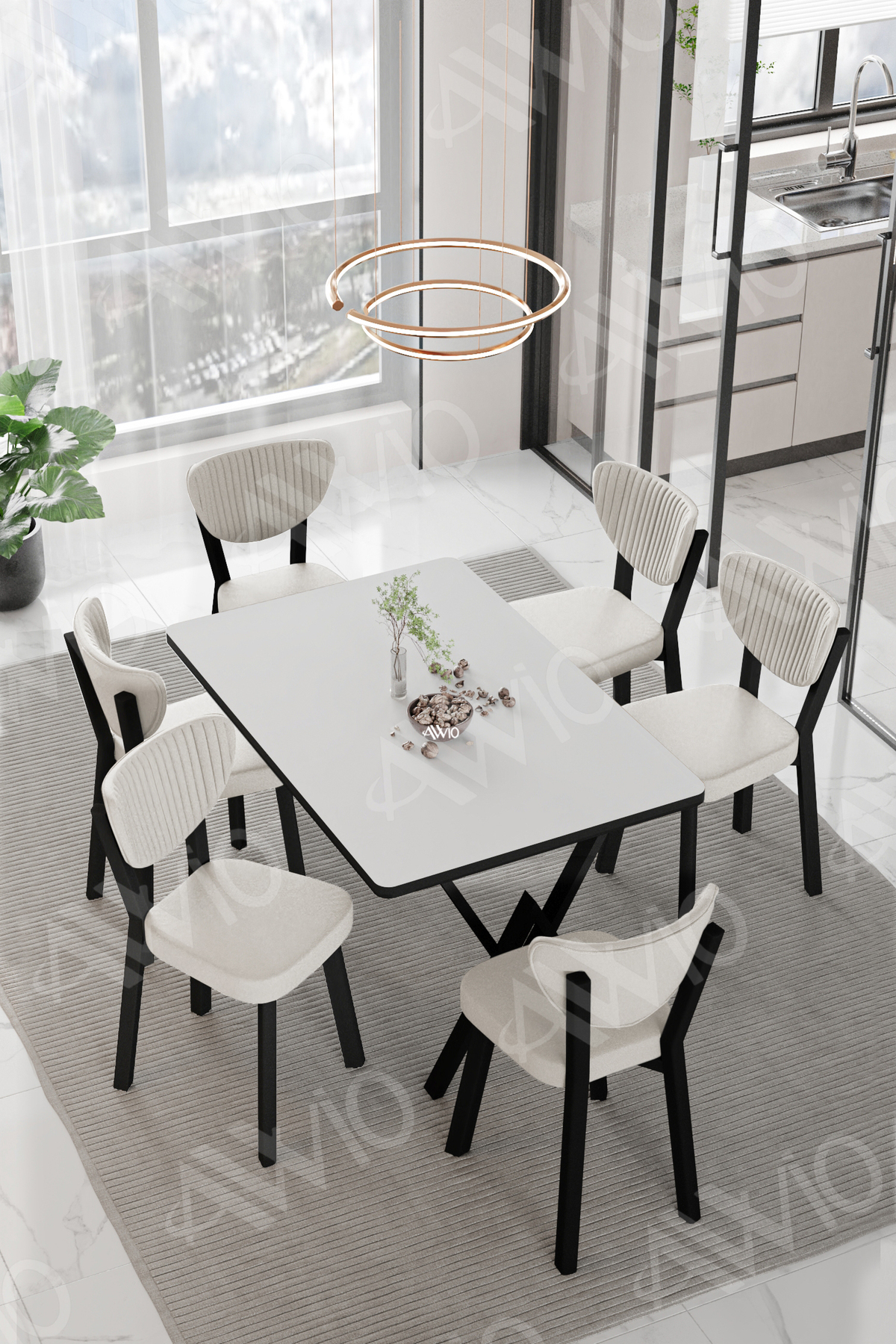 Dora Elma Sandalye 80x140 Yemek Masası Mutfak Masası 6 Kişilik Masa Sandalye Takım Beyaz