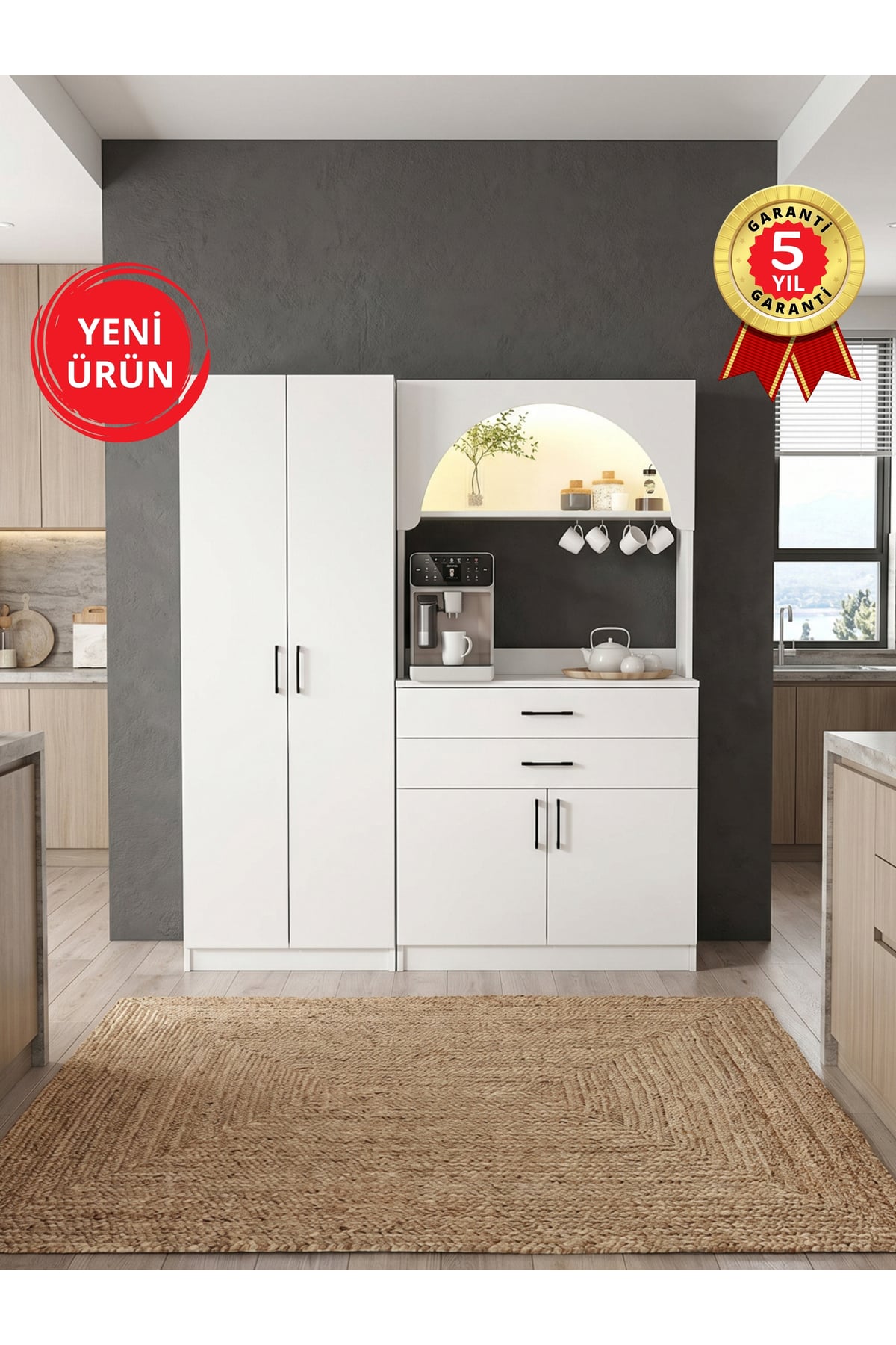 Dorpek 4 Kapaklı 2 Çekmeceli Led Işıklı Kahve Köşesi, 8 Raflı Çok Amaçlı Dolap ve Kiler Dolabı Beyaz 154 cm | Sardes & Tuco