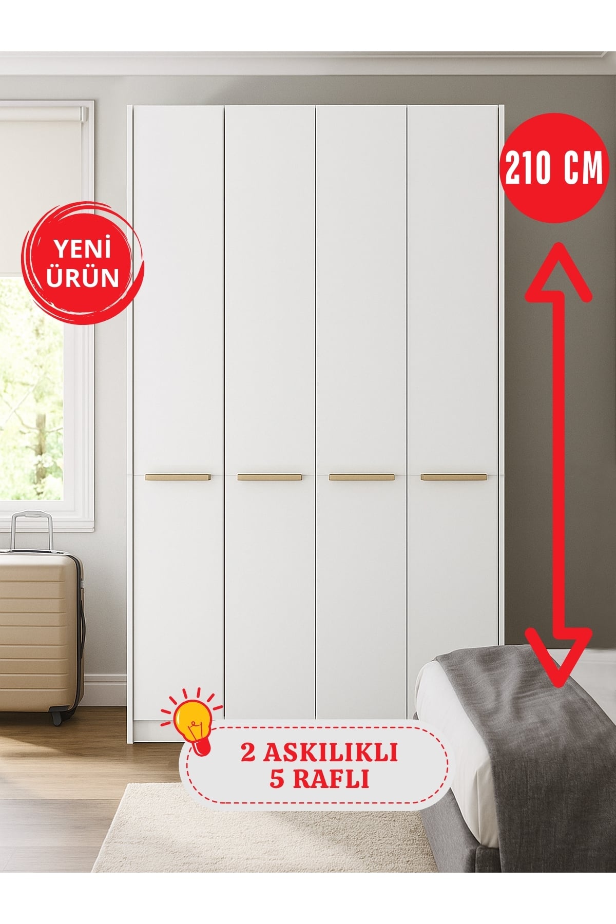 Dorpek 4 Kapaklı Gardırop - 210 cm Y, 124 cm G - Genç Odası ve Yatak Odası Gardırop | Cosmos