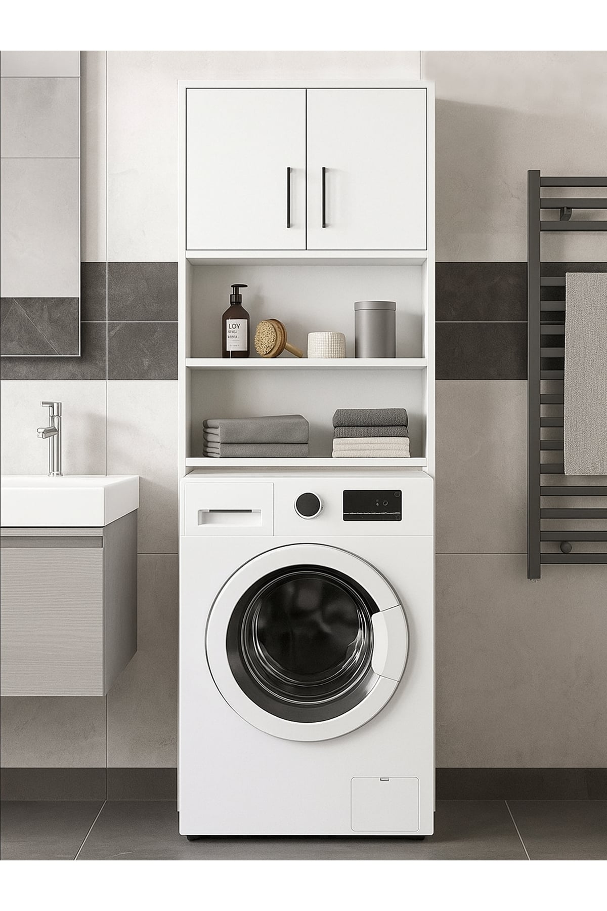 Dorpek 4 raflı Kapaklı Çok amaçlı Çamaşır Makinesi Dolabı Beyaz | Lumy