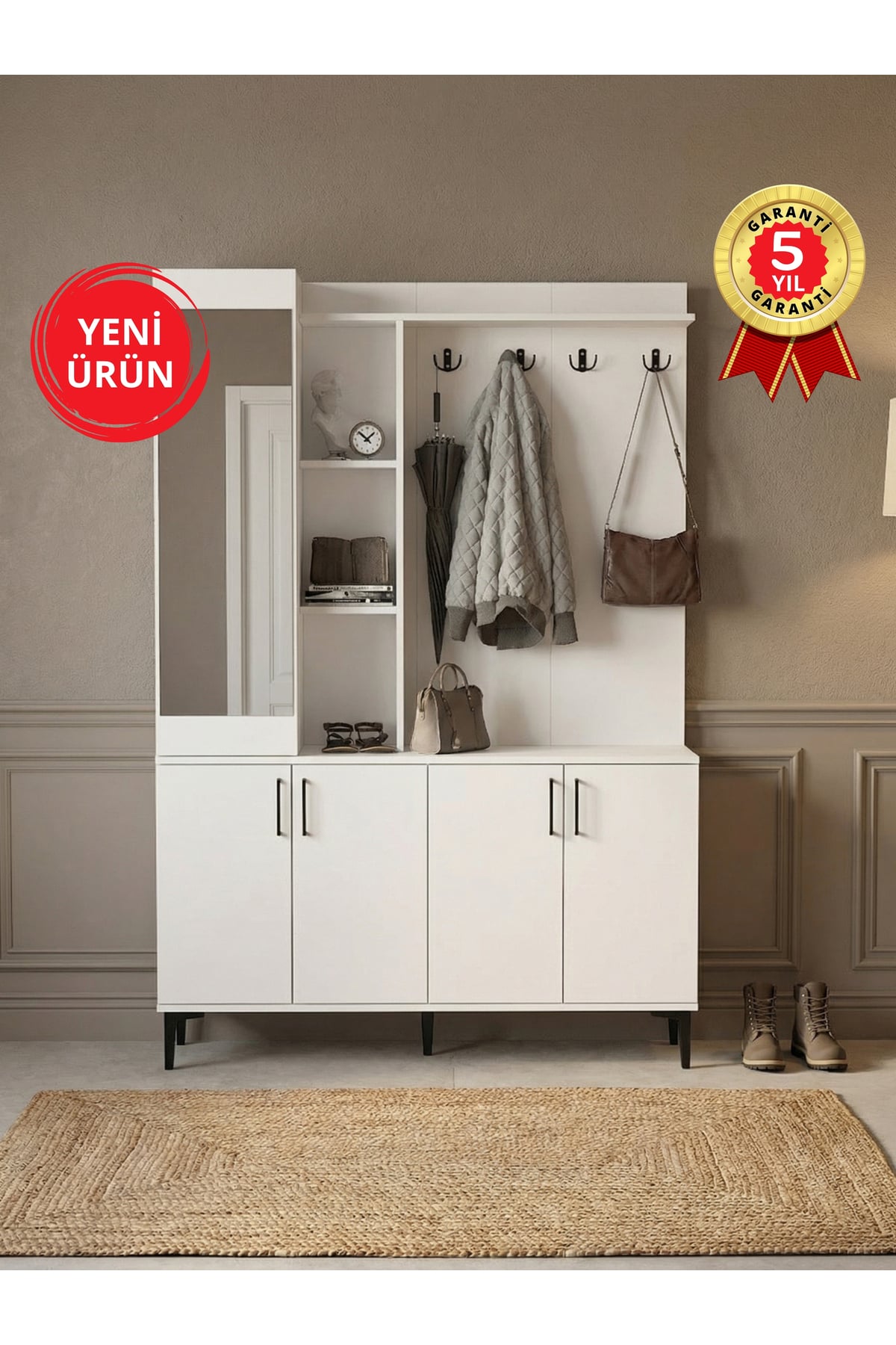 Dorpek Aynalı Portmanto, Vestiyer Portmanto Ayakkabılık 135 cm Beyaz | Parion