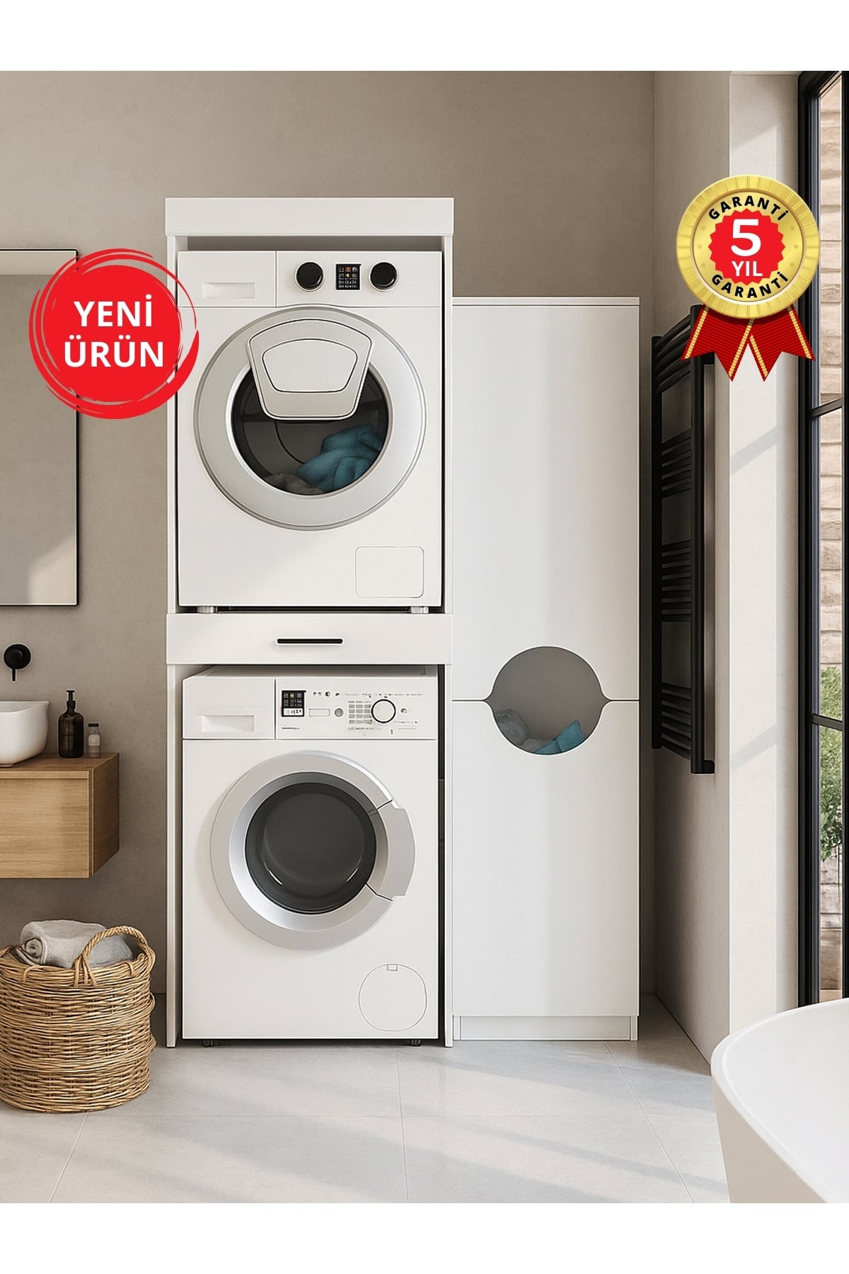 Dorpek Çamaşır Kurutma Makinesi Dolabı ve Kirli Sepetli Çok Amaçlı Dolap Beyaz | Fika & Verga