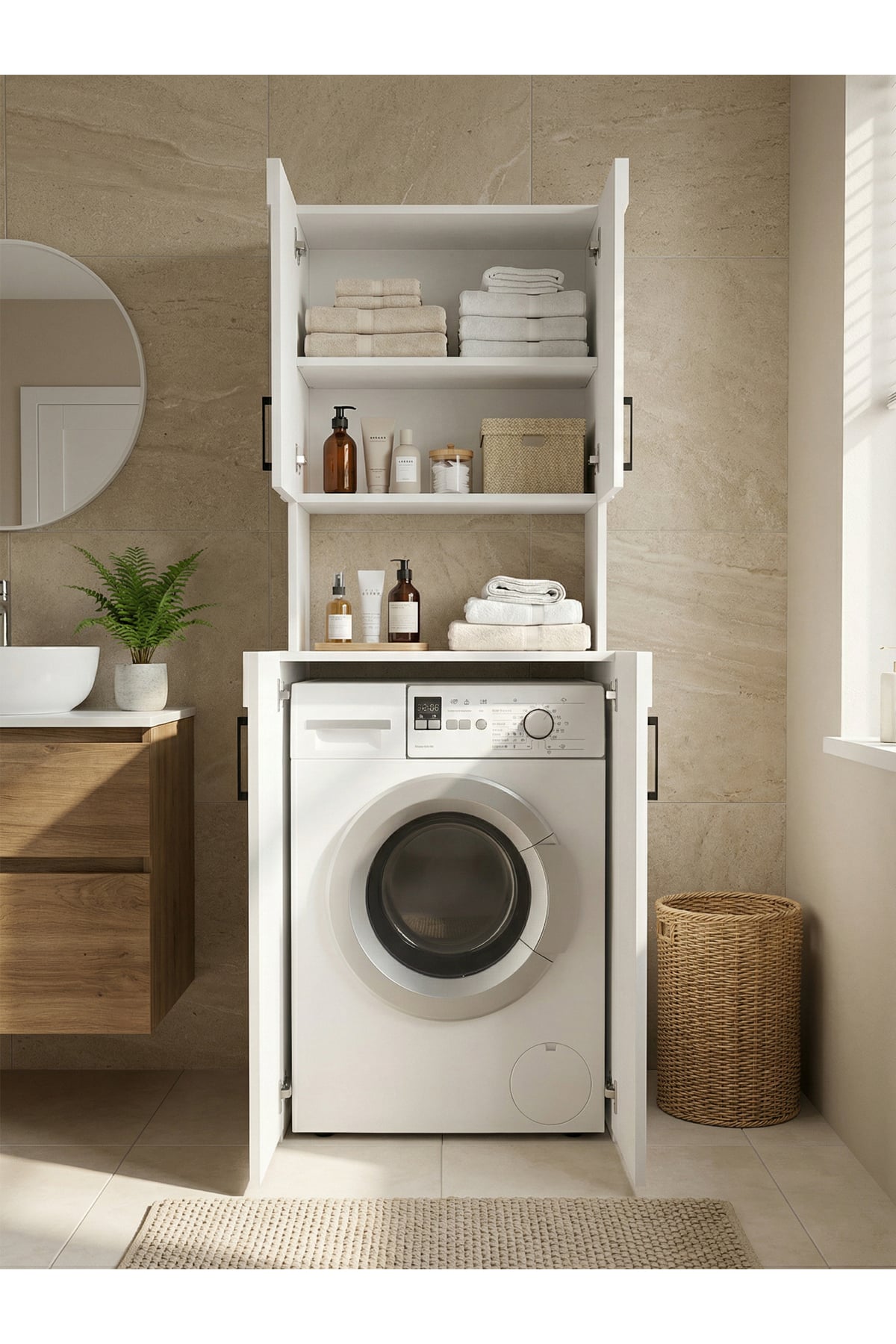 Dorpek Çamaşır Makinesi Dolabı Çok Amaçlı Banyo Dolabı Beyaz | Kalira