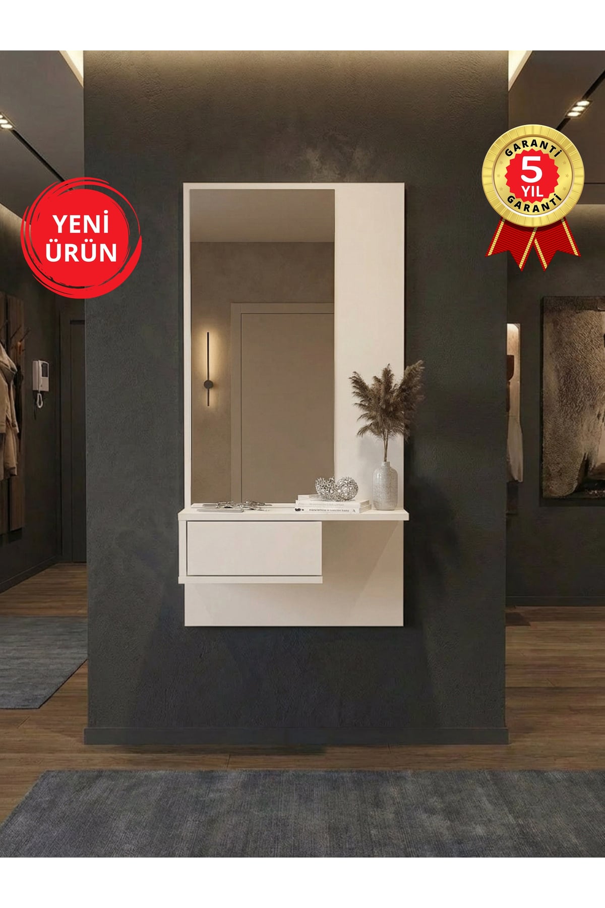 Dorpek Duvara Monte Kapaklı Aynalı Dresuar, Antre Hol Dekoratif Dresuar Mobilya Beyaz 120 cm | Molly