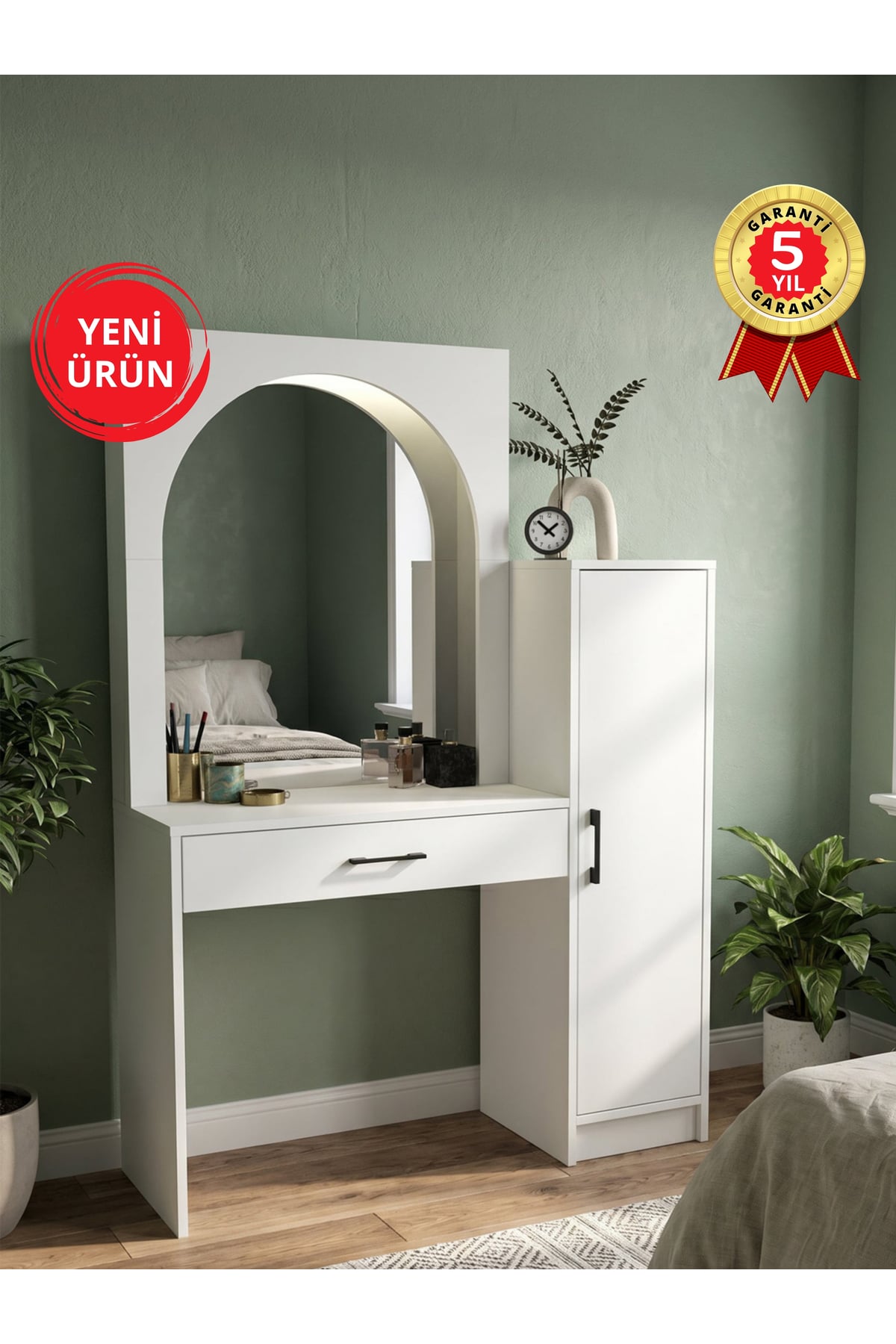 Dorpek LED Işıklı Makyaj Masası, Çekmeceli Makyaj Masası Organizeri, Takı Aksesuar Düzenleyici, Raflı Dolaplı Makyaj Masası Beyaz | Simirna