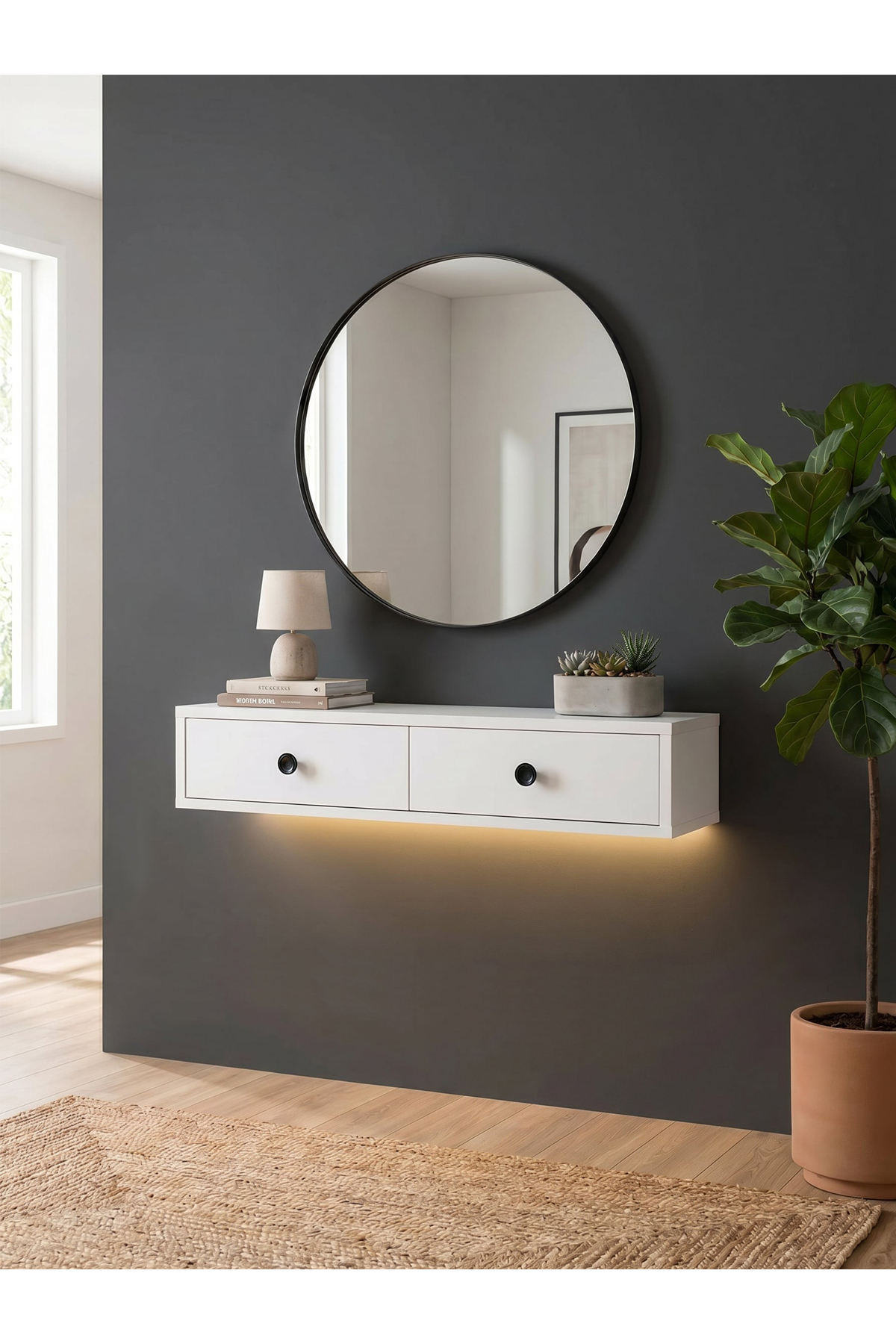 Dorpek Modern Duvara Monte 2 Kapaklı Ledli Beyaz Dresuar, Antre Salon Mobilyası 90 cm | Gellis