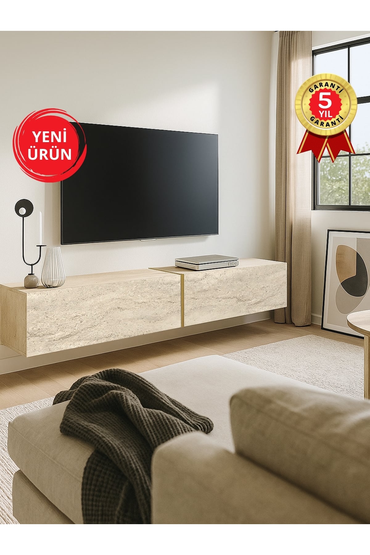Dorpek Modern Espanse Tv Ünitesi Traverten 180 cm , Modern ve Kolay Kurulum, Gold Detaylı