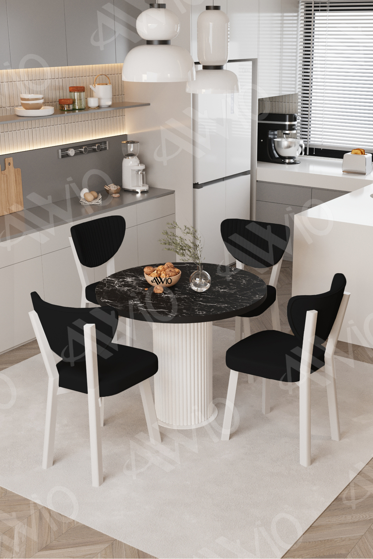 Elma Yuvarlak Siyah Mermer Mutfak Masa 4 Adet Sandalyeli Takım 90x90 Cm Siyah