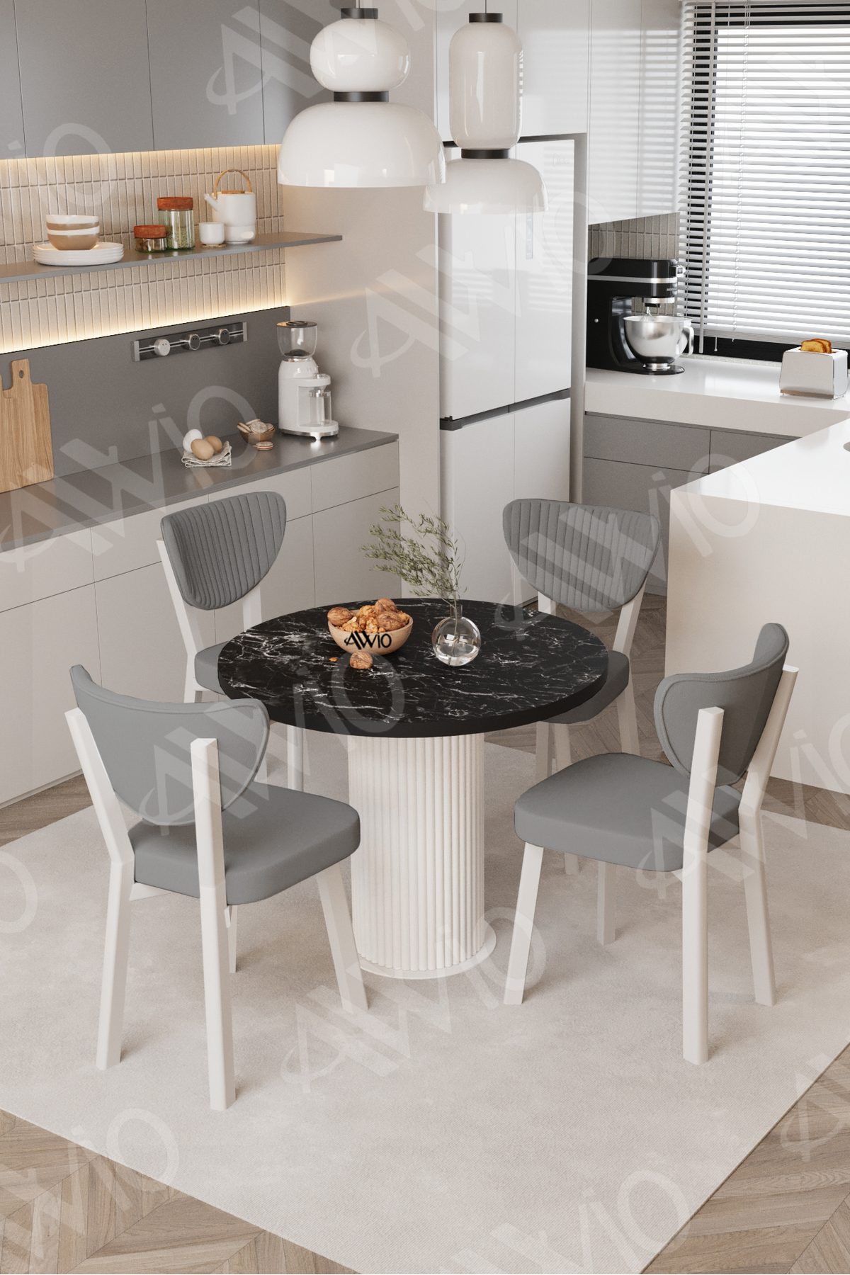 Elma Yuvarlak Siyah Mermer Mutfak Masa 4 Adet Sandalyeli Takım 90x90 Cm Gri