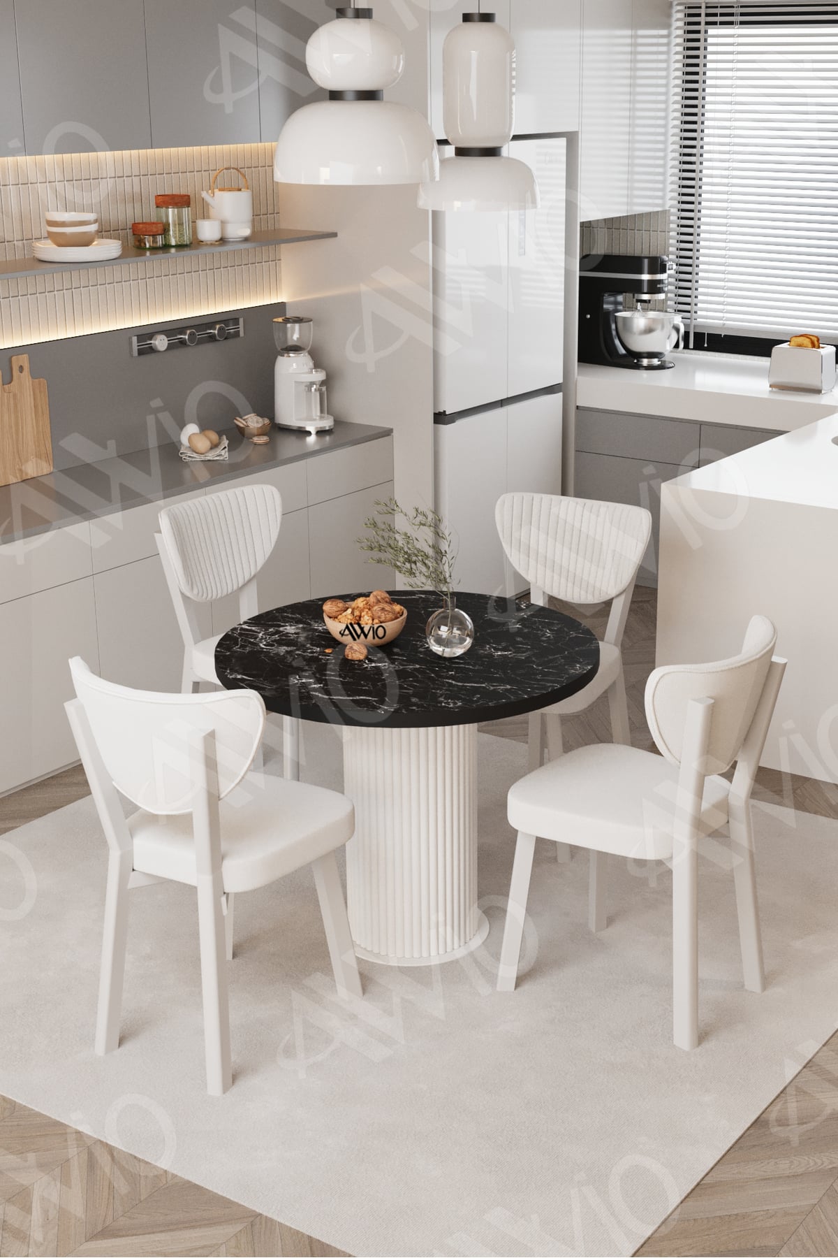Elma Yuvarlak Siyah Mermer Mutfak Masa 4 Adet Sandalyeli Takım 90x90 Cm Krem