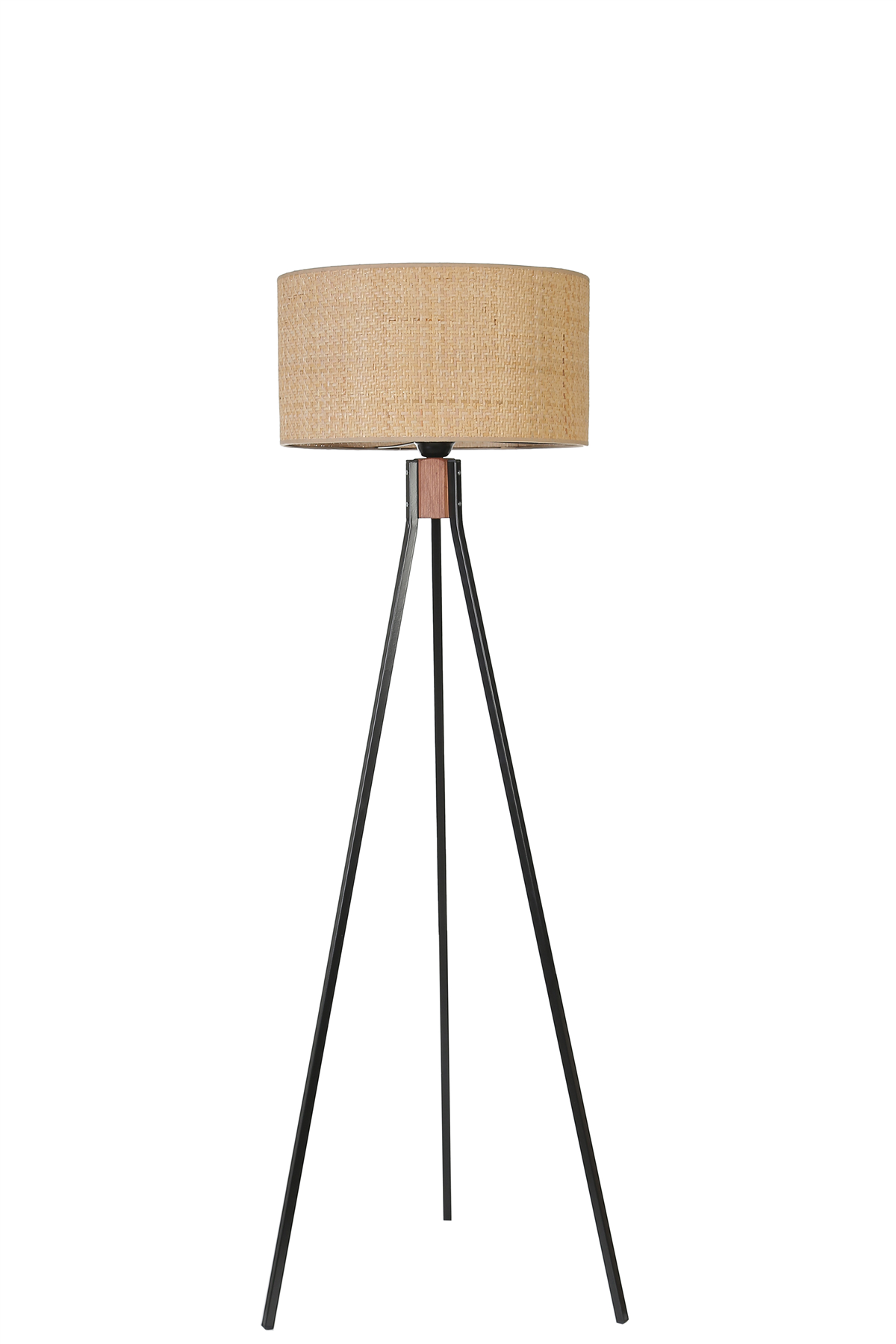 Fısco Tripod Siyah Lambader Silindir Hasır Rattan Abajurlu
