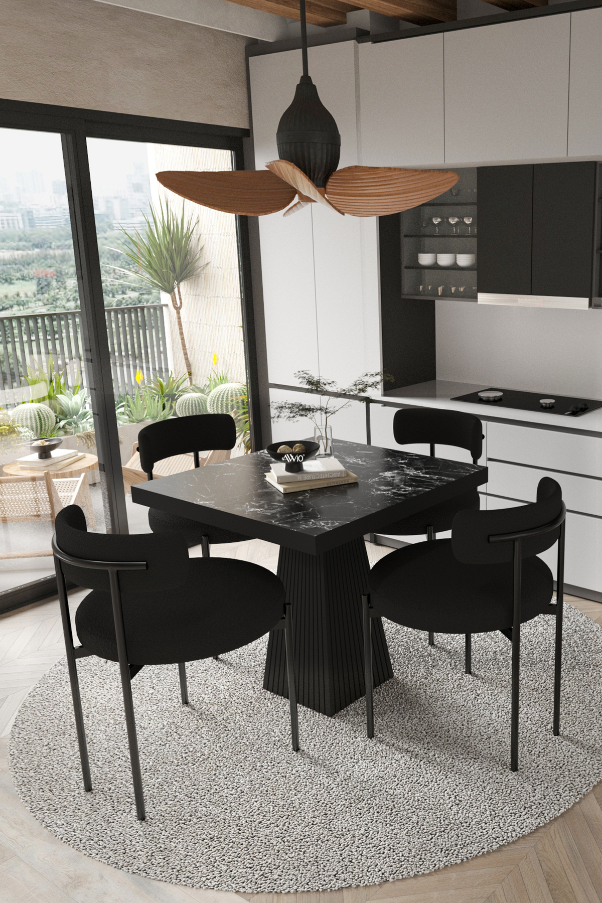Lago Siyah Lake MDF Ayak 80x80 Yemek Masası Mutfak Masası 4 Kişilik Masa Takımı Teddy Sandalye Siyah Mermer