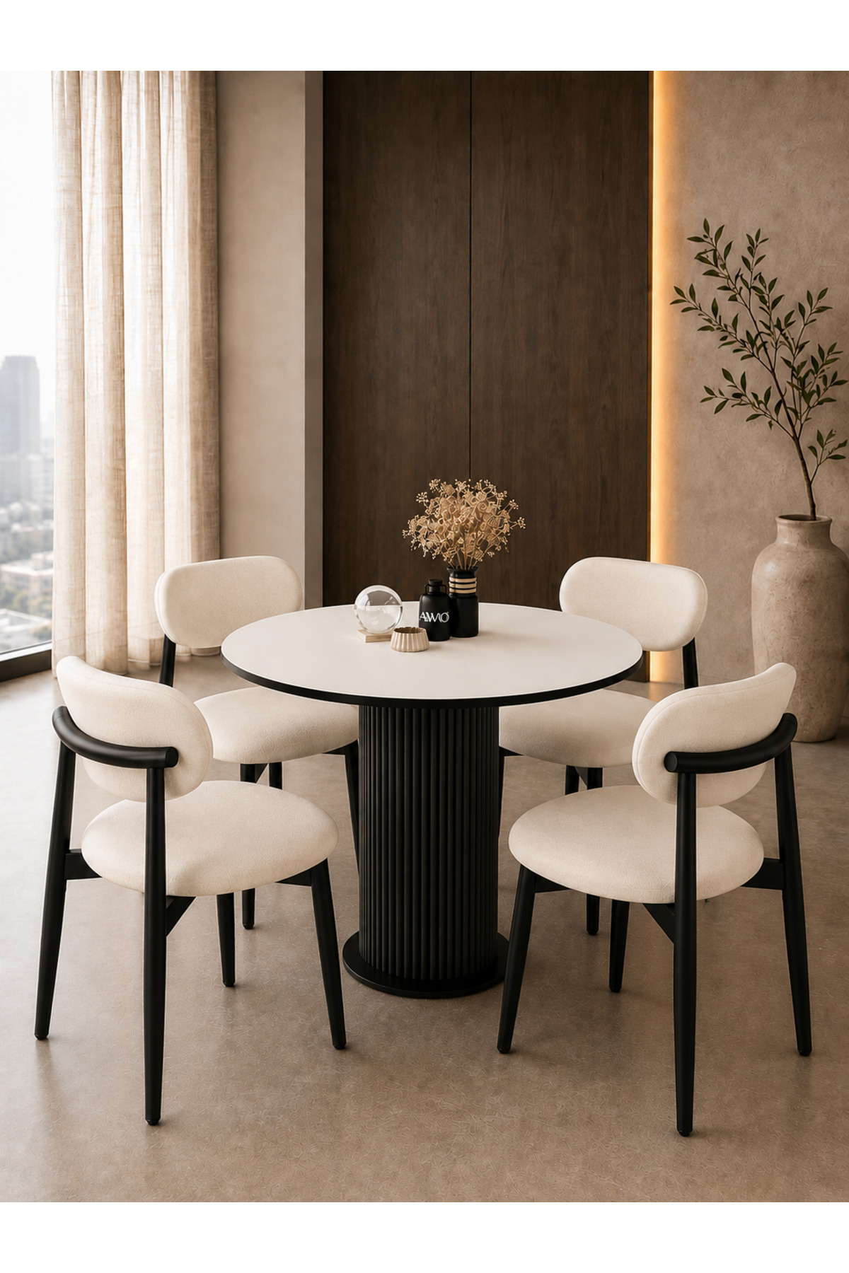 Lyon Bohem Lake MDF Ayak Siyah Polo Sandalye 90x90 Yemek Masası Mutfak Masası Masa Sandalye Takımı Beyaz