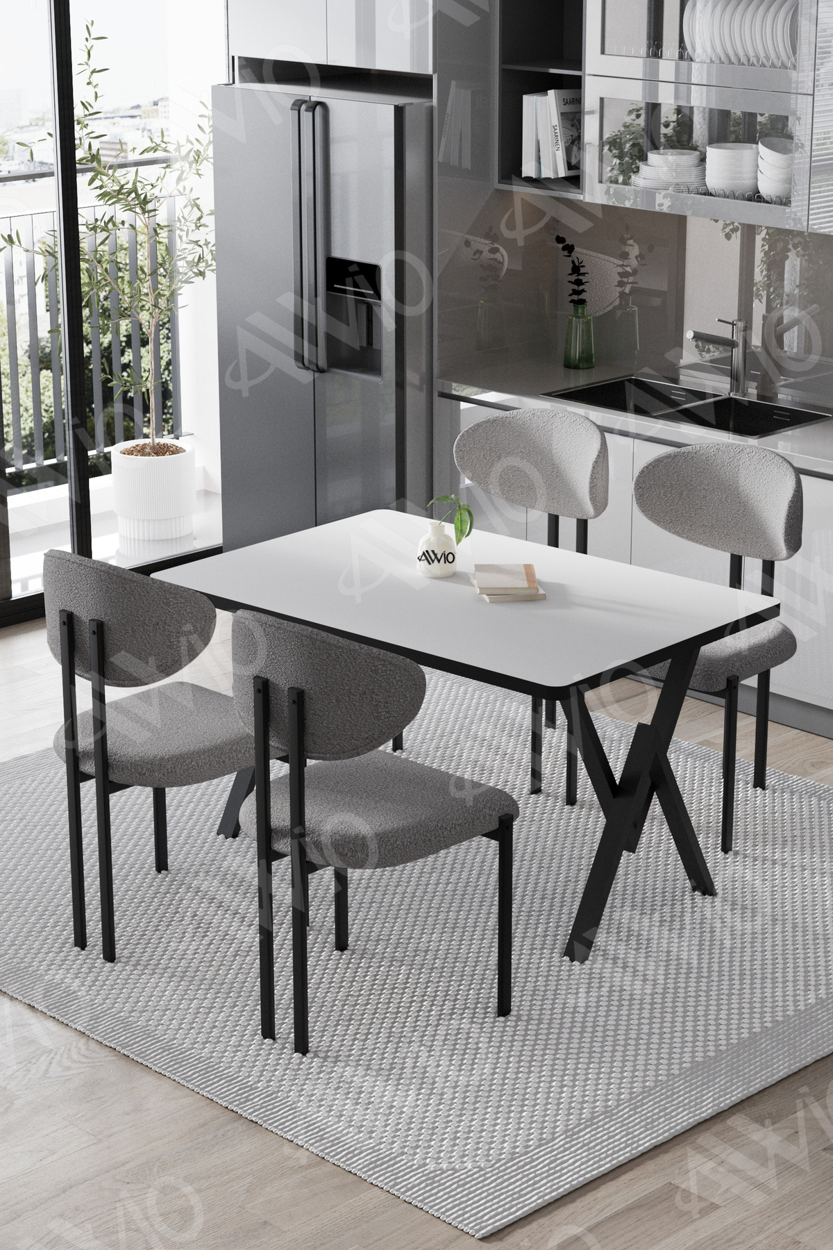 Mara Lotus 80x120 Yemek Masası Mutfak Masası Ofis Masası 4 Kişilik Masa Sandalye Takımı Düz Beyaz Sandalye Gri