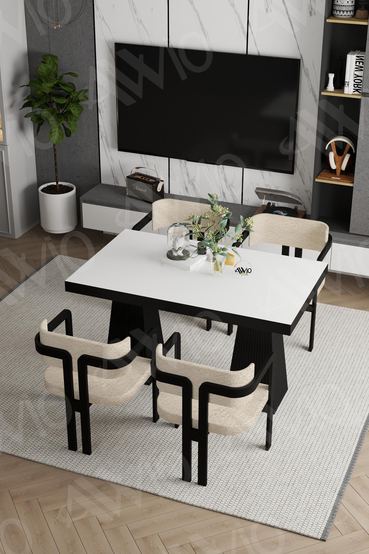 Marble Lake MDF Ayak Tokyo Demonte Sandalye 80x120 Yemek Masası Mutfak Masası 4 Kişilik Beyaz