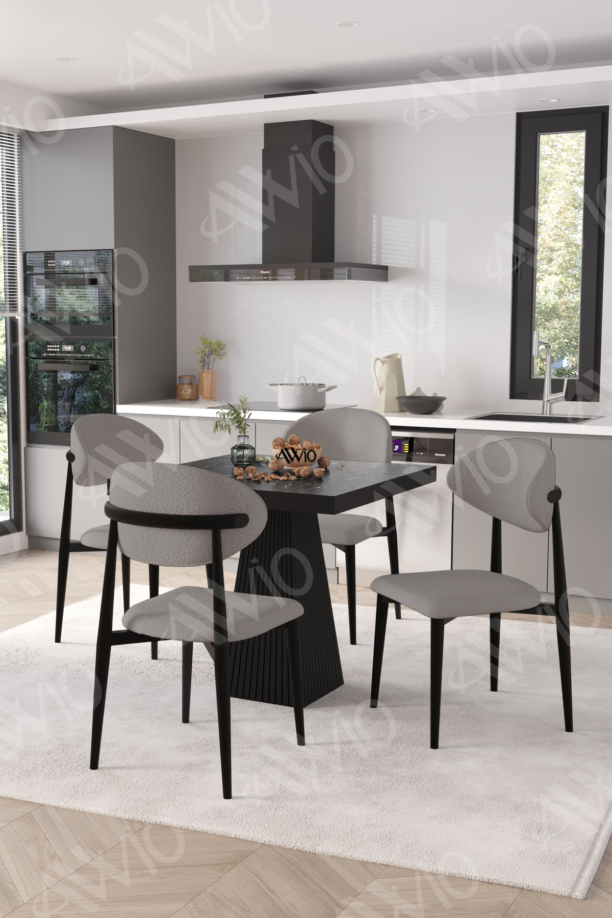 Marven Siyah Polo Metal Sandalye 90x90 Kare Yemek Masası Mutfak Masası Masa Sandalye Takımı Siyah Mermer