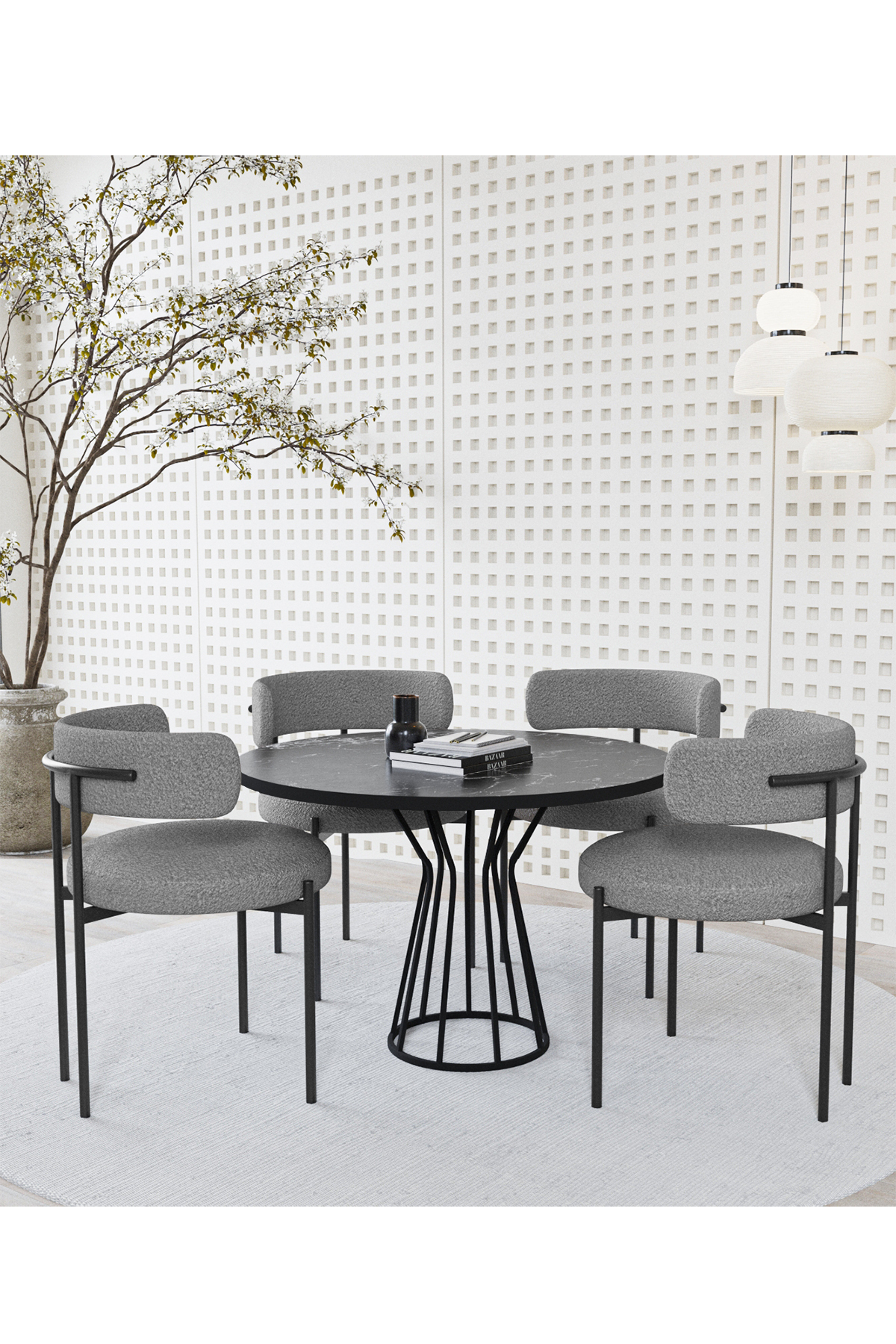 Metal Teddy Sandalye 90x90 Yuvarlak Kum Saati Ayak Mutfak Masası Takımı Yemek Masası Takımı Siyah Mermer