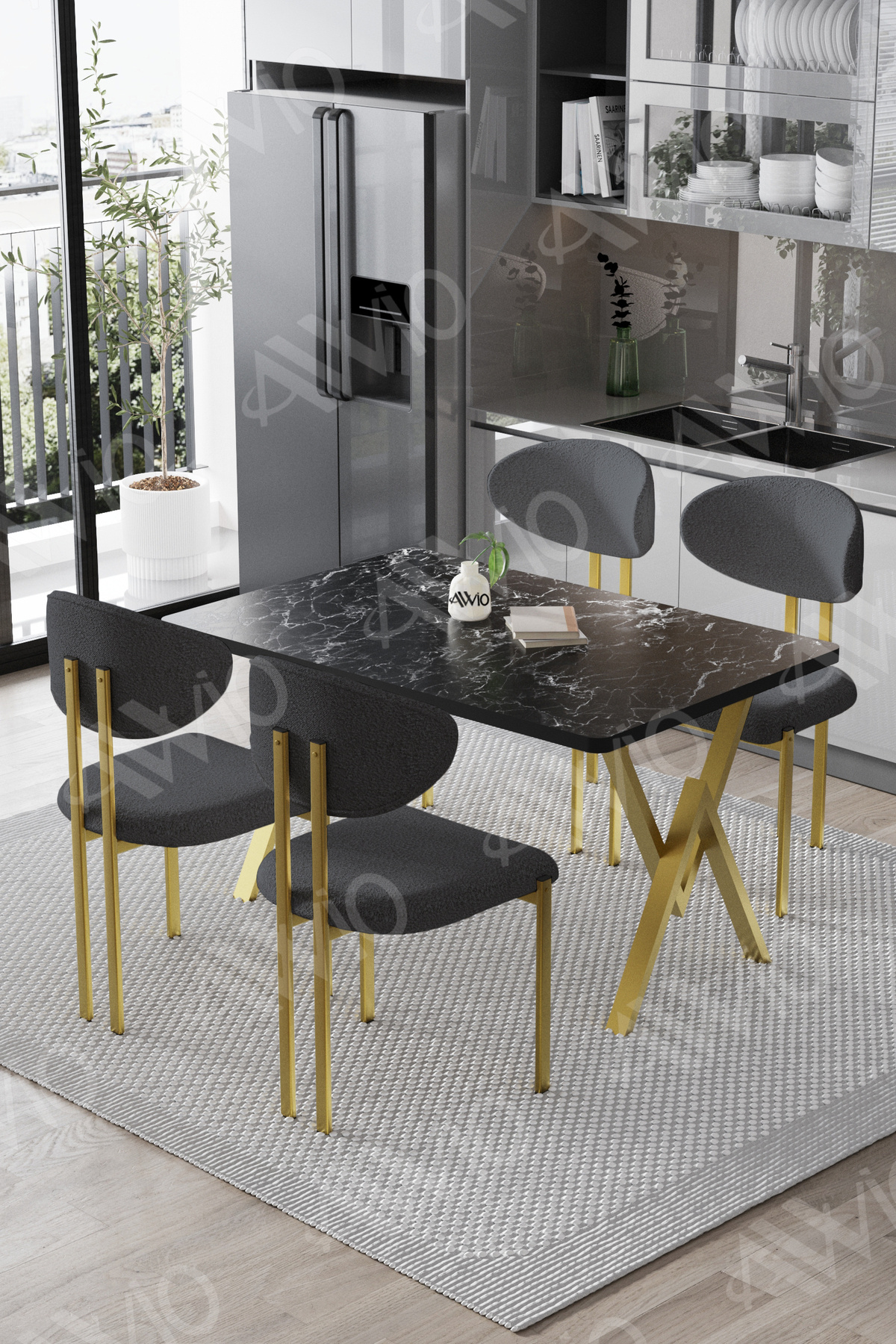 Mirage Mat Gold Lotus 80x120 Yemek Masası Mutfak Masası Ofis Masası 4 Kişilik Masa Sandalye Takımı Siyah Mermer Sandalye Mat Gold Antrasit Gri