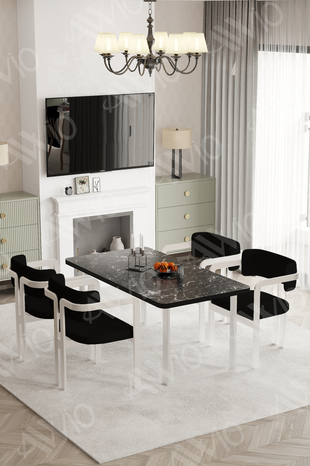 Mitra Metalayak Tokyo Demonte Sandalye 80x120 Yemek Masası Mutfak Masası 4 Kişilik Siyah Mermer
