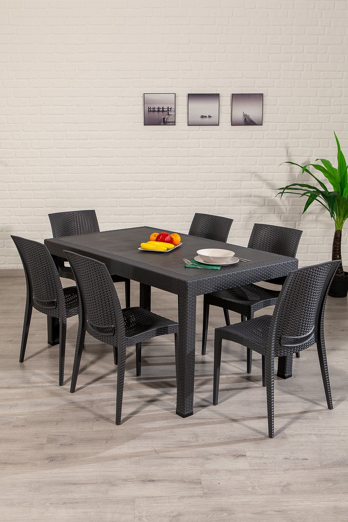 Mobetto Home Rattan Kolsuz 6 Kişilik Bahçe Masa Takımı - Antrasit
