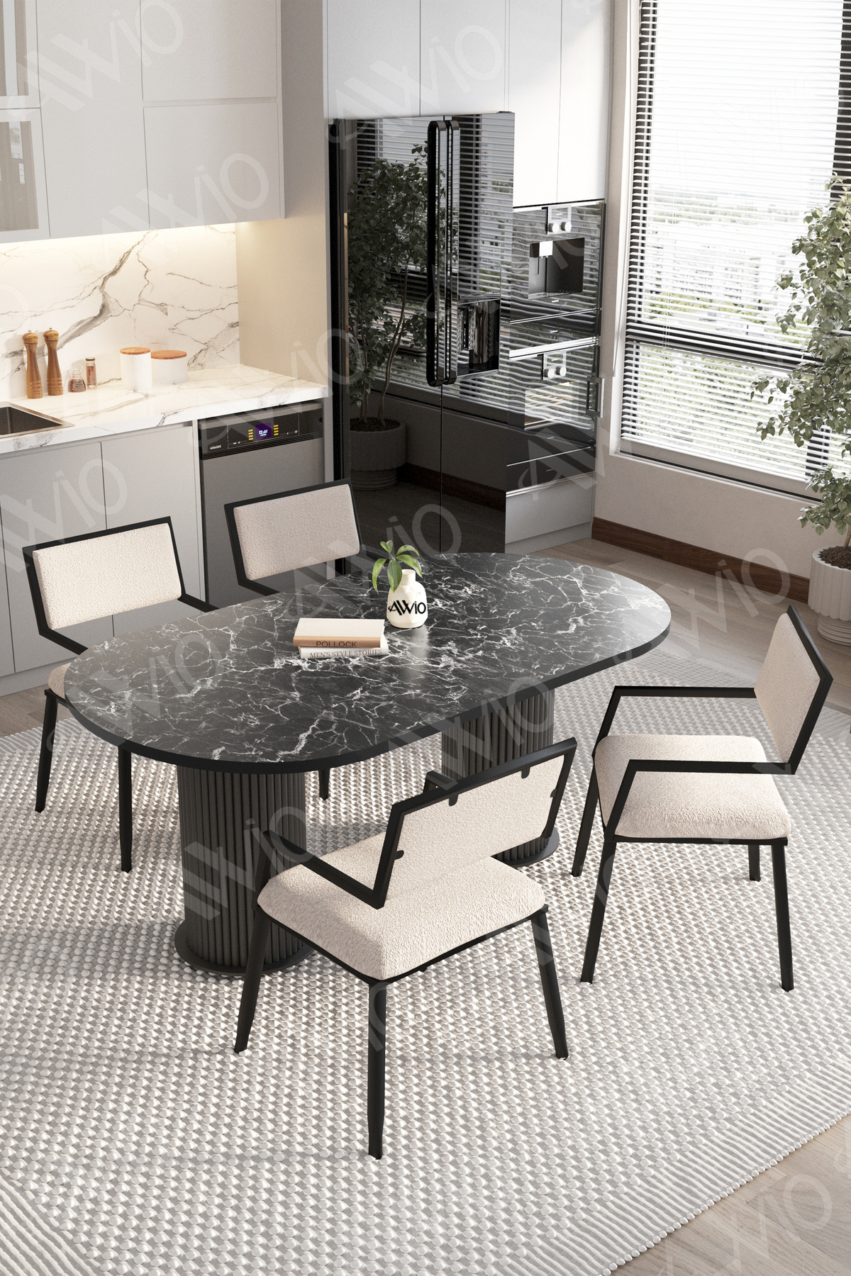 Natura 80x140 Yemek Masası Mutfak Masası 4 Kişilik Masa Sandalye Takımı Siyah Mermer-Beyaz