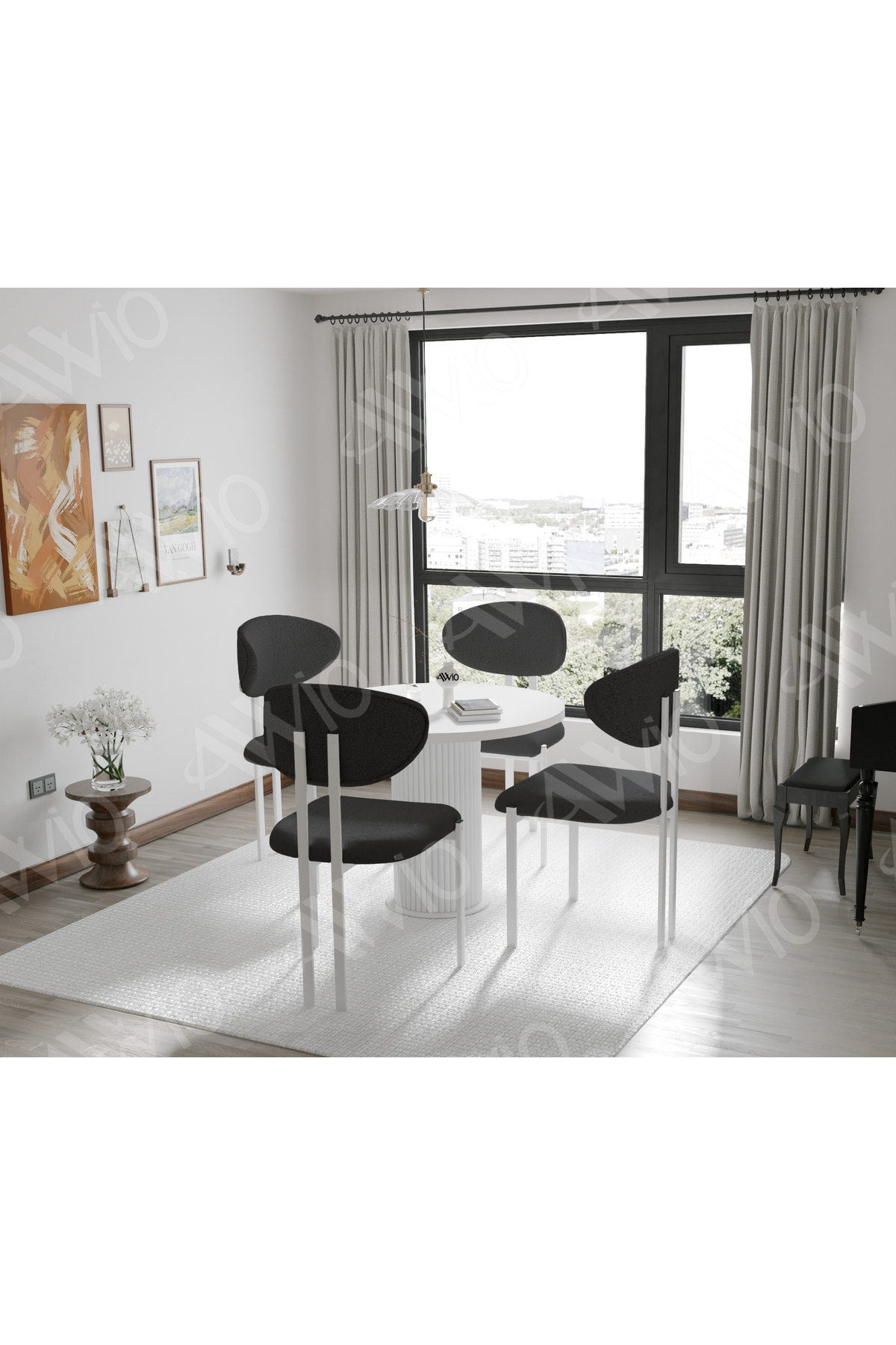 Noa Serisi Bohem Ayak 4'lü Lotus 90x90 Mutfak Masası Yemek Masası Masa Sandalye Takımı Beyaz 90x90 Masa Sandalye Aantrasit Gri