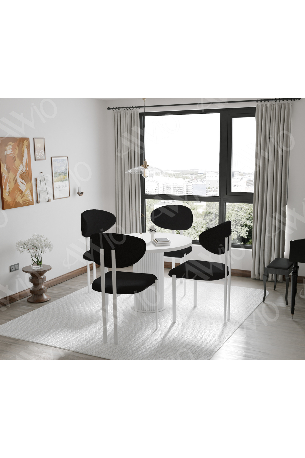 Noa Serisi Bohem Ayak 4'lü Lotus Sandalye 90x90 Masa Sandalye Takımı Beyaz 90x90 Masa Sandalye Siyah