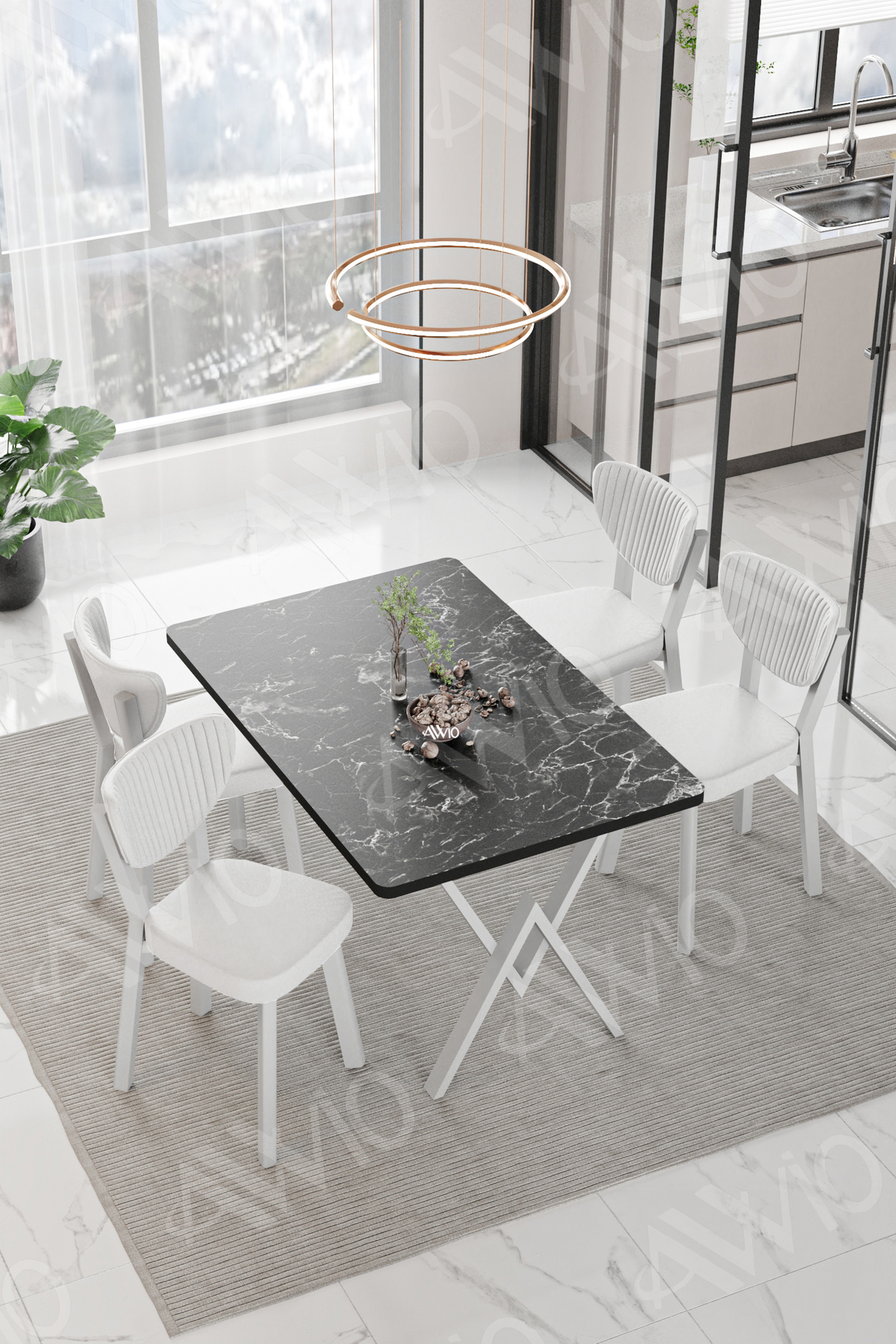 Parla Beyaz Elma Sandalye 80x120 Yemek Masası Mutfak Masası 4 Kişilik Masa Sandalye Takımı Siyah Mermer