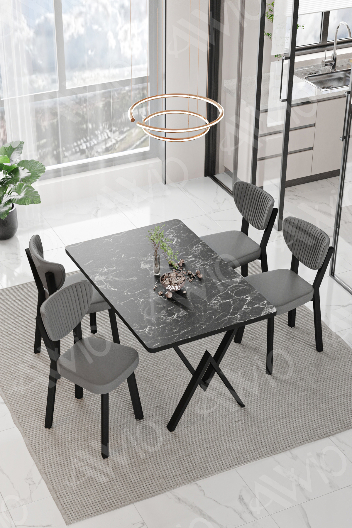 Pedra Elma Sandalye 80x120 Yemek Masası Mutfak Masası 4 Kişilik Masa Sandalye Takımı Siyah Mermer