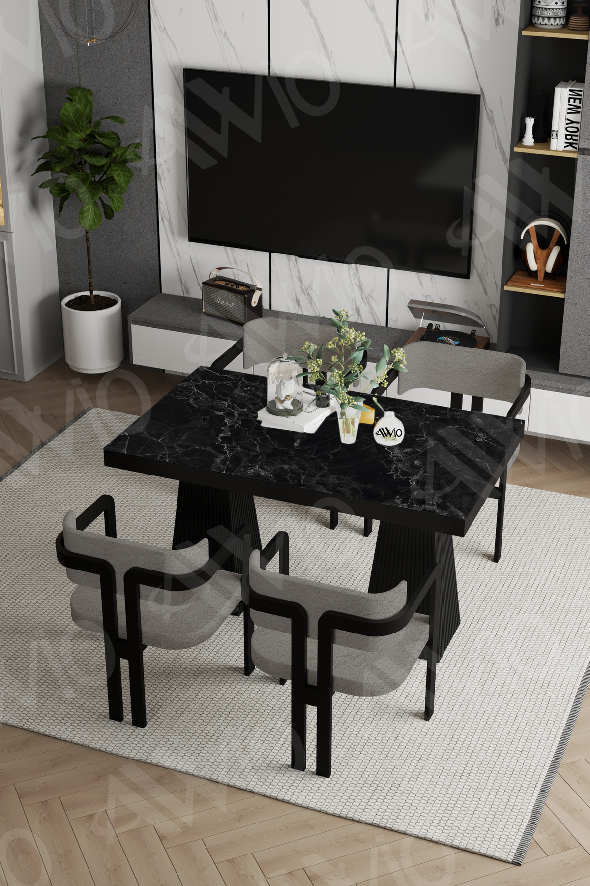 Pesca Lake MDF Ayak Tokyo Demonte Sandalye 80x120 Yemek Masası Mutfak Masası 4 Kişilik Siyah Mermer