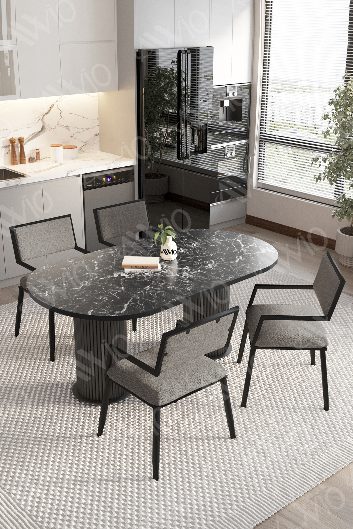Pontia 80x140 Yemek Masası Mutfak Masası 4 Kişilik Masa Sandalye Takımı Siyah Mermer-Gri